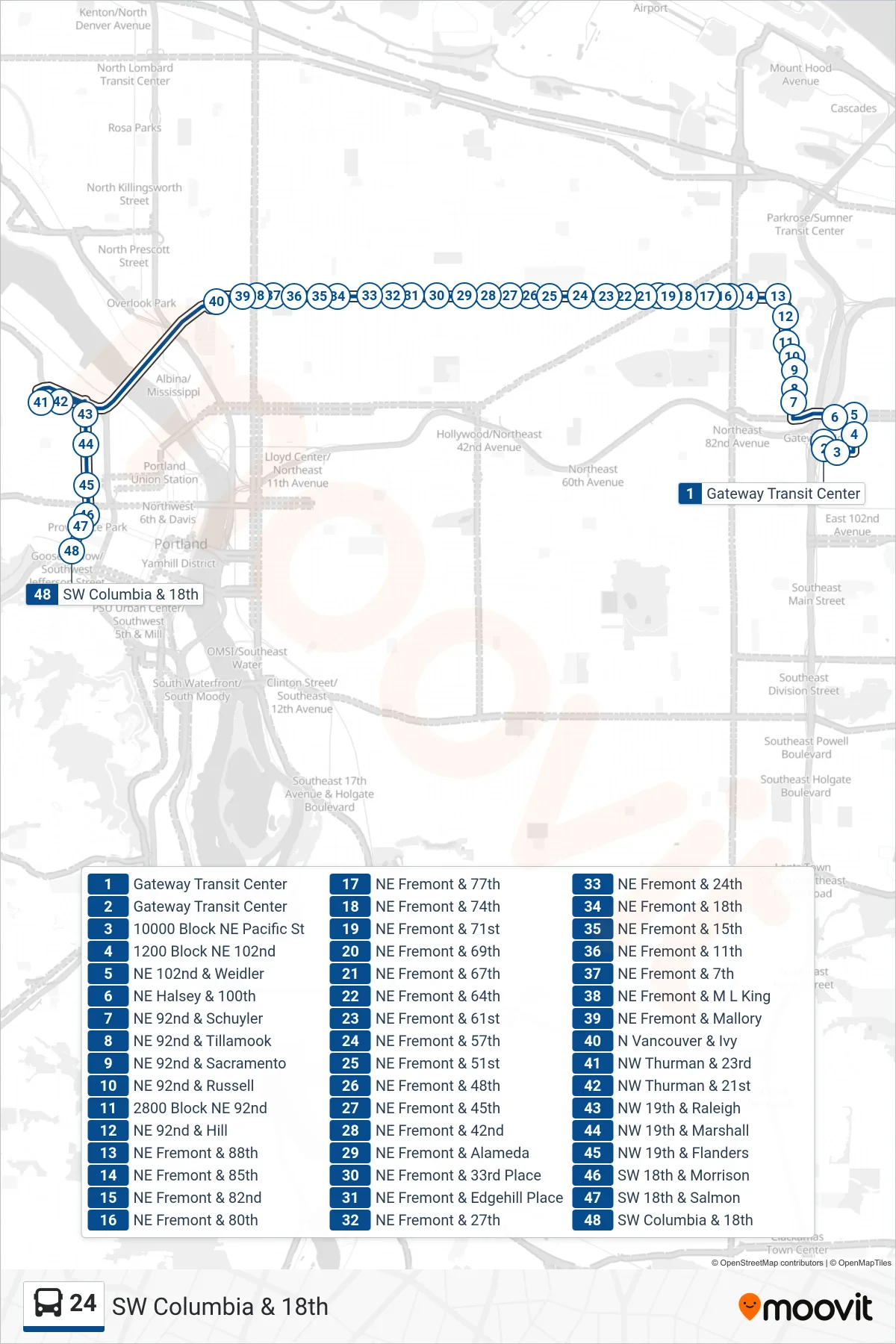 24 bus Line (SW Columbia & 18th) route and stops on a map