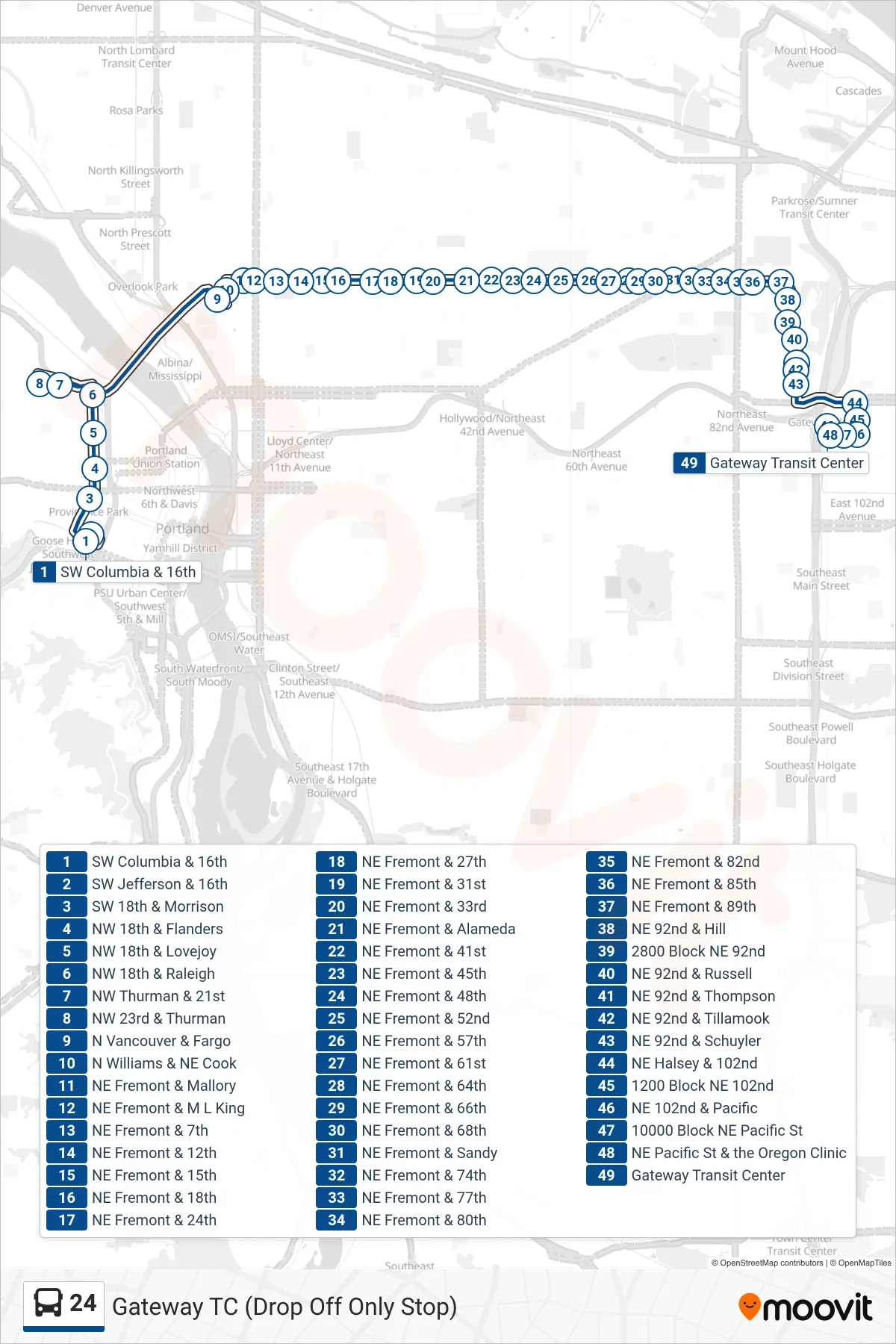 24 bus Line (Gateway TC (Drop Off Only Stop)) route and stops on a map