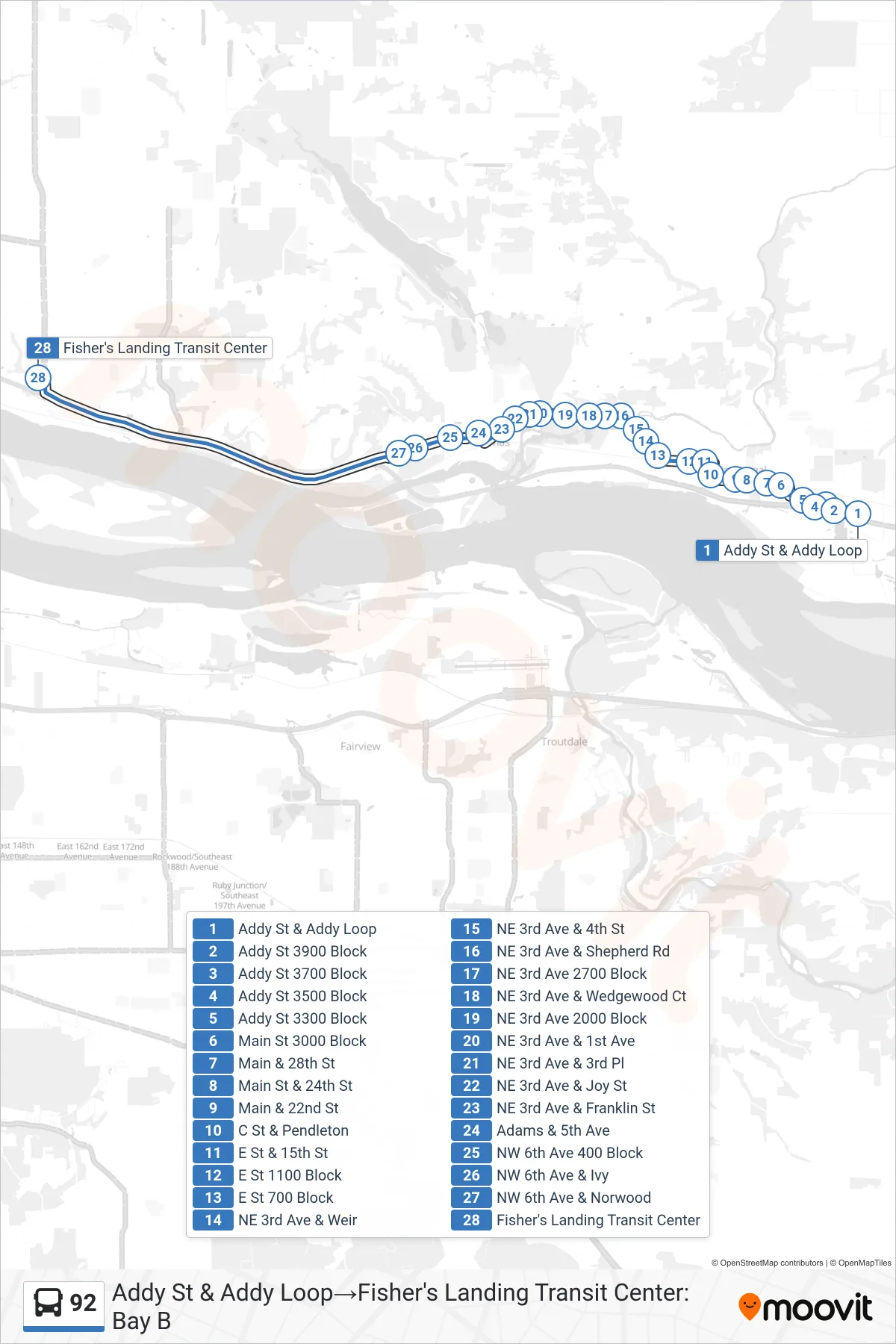 92 bus Line (Addy St & Addy Loop→Fisher's Landing Transit Center: Bay B) route and stops on a map