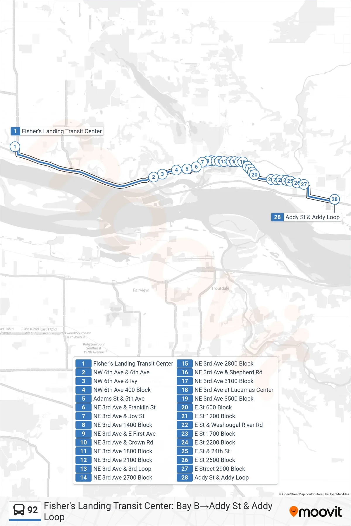 92 bus Line (Fisher's Landing Transit Center: Bay B→Addy St & Addy Loop) route and stops on a map