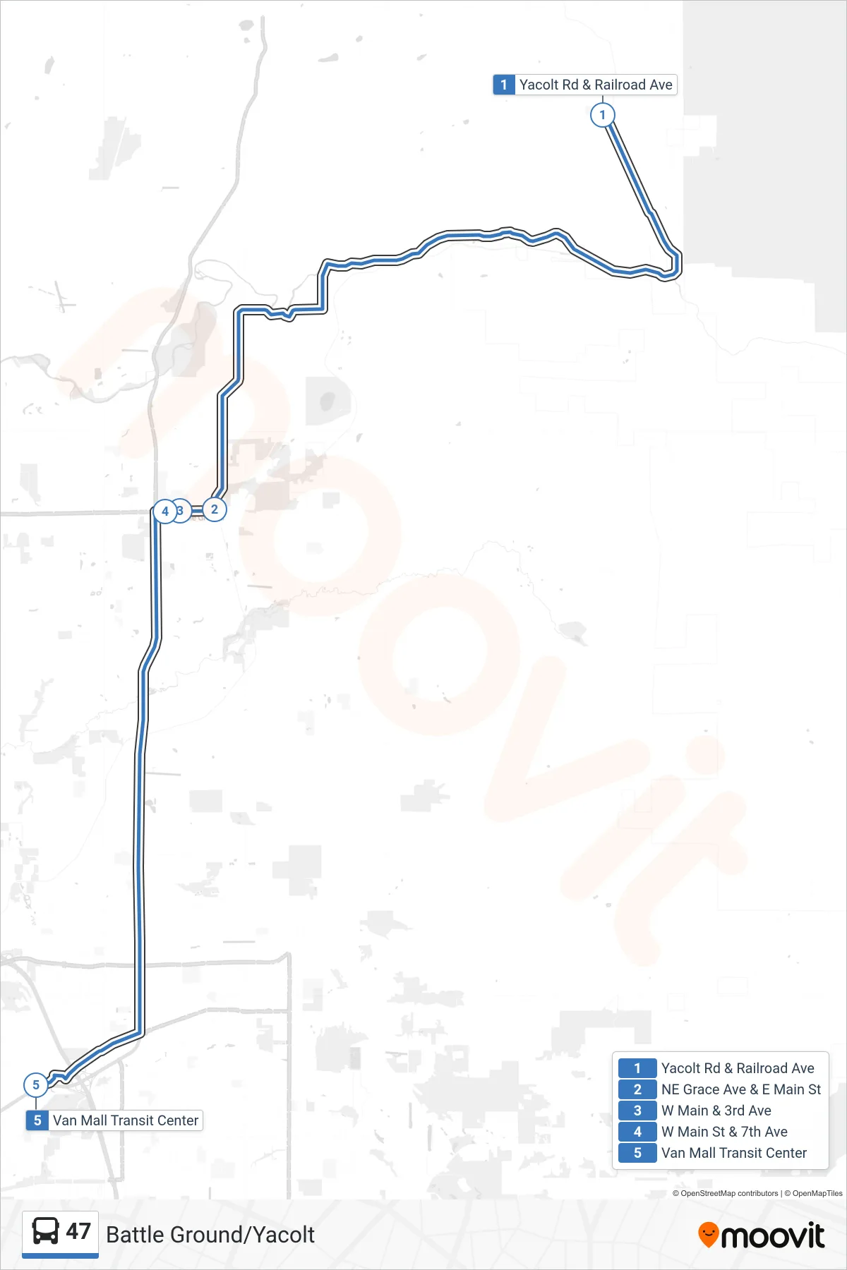 47 bus Line (Yacolt Rd & Railroad Ave→Van Mall Transit Center: Bay C) route and stops on a map
