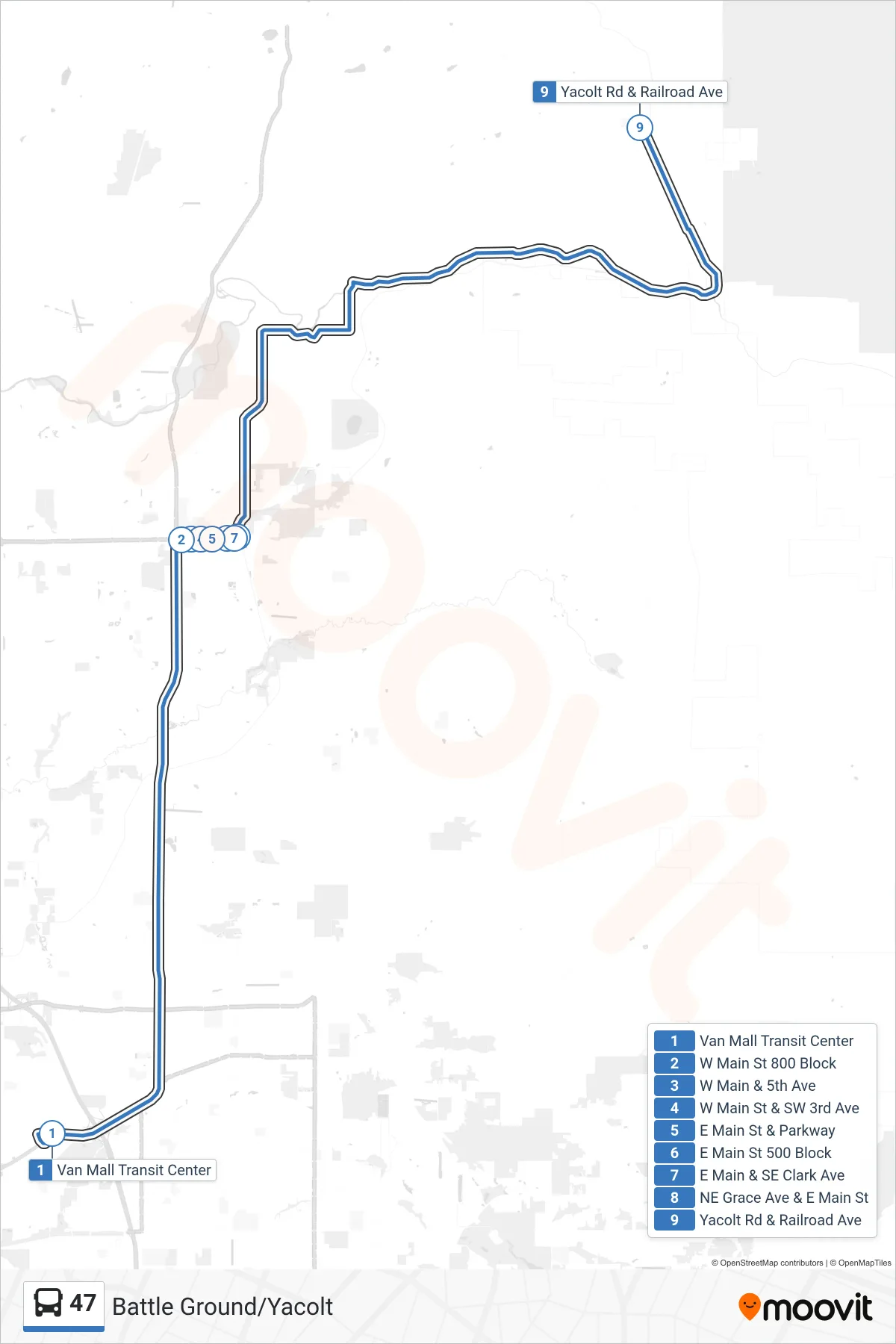 47 bus Line (Van Mall Transit Center: Bay C‎→Yacolt Rd & Railroad Ave) route and stops on a map