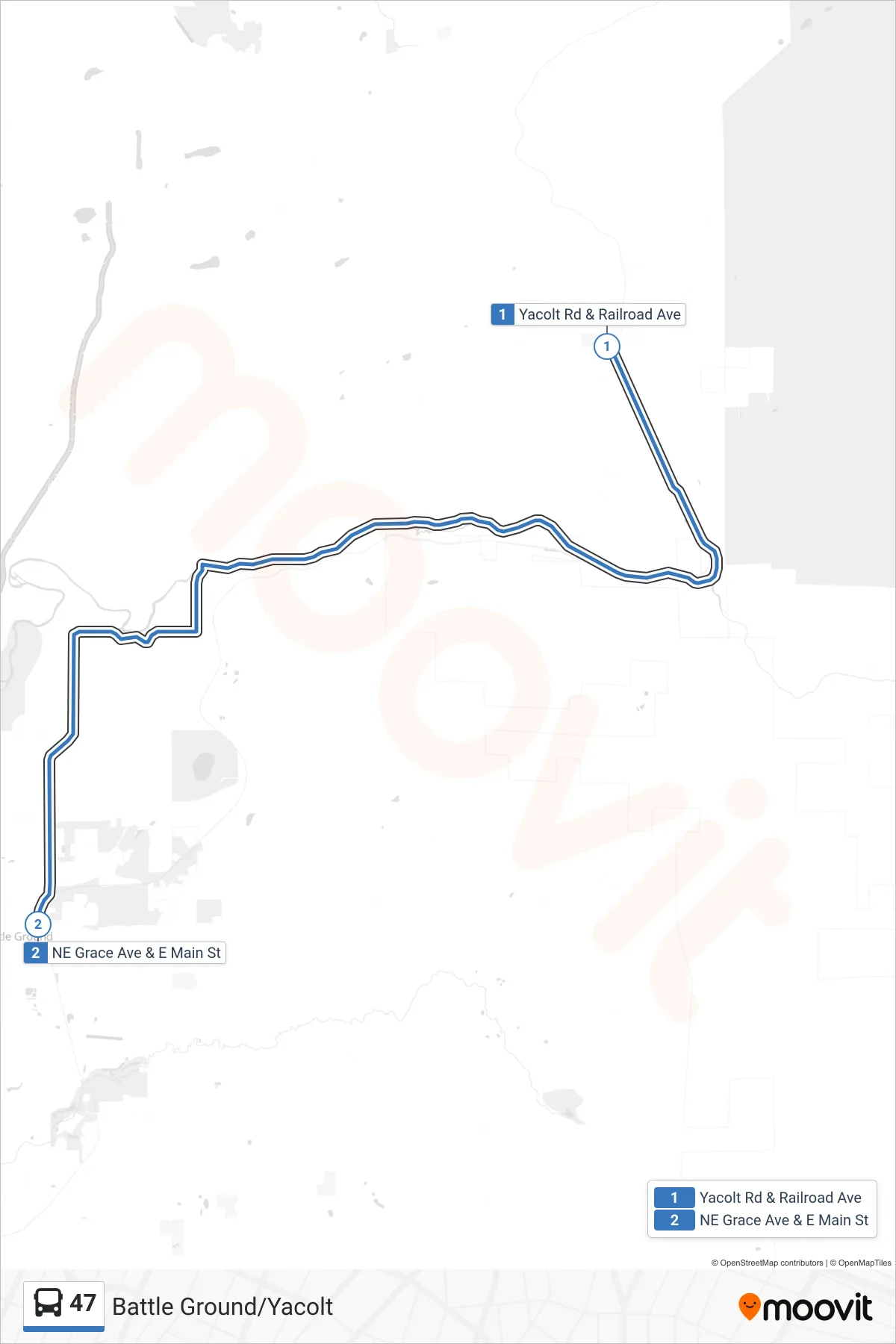 47 bus Line (Yacolt Rd & Railroad Ave→NE Grace Ave & E Main St) route and stops on a map