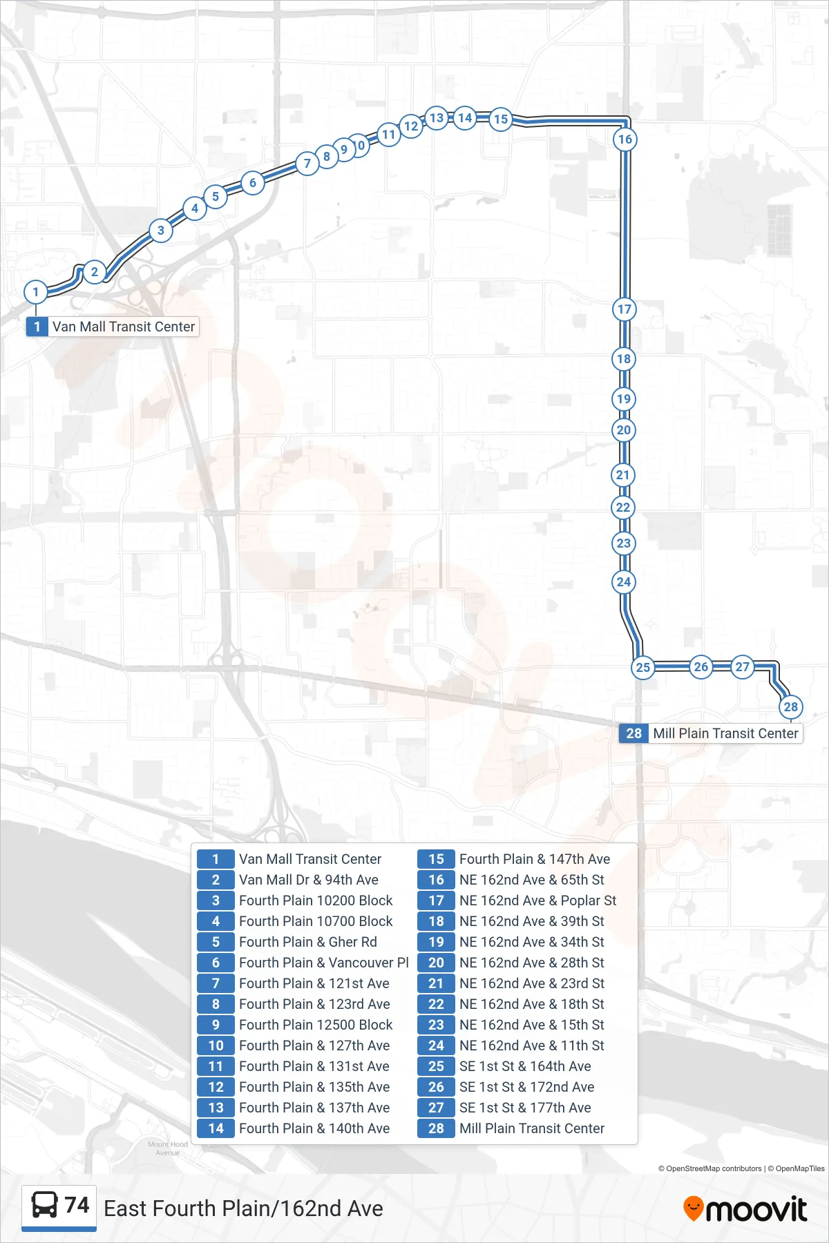 74 bus Line (Van Mall Transit Center: Bay F→Mill Plain Transit Center: Bay C) route and stops on a map