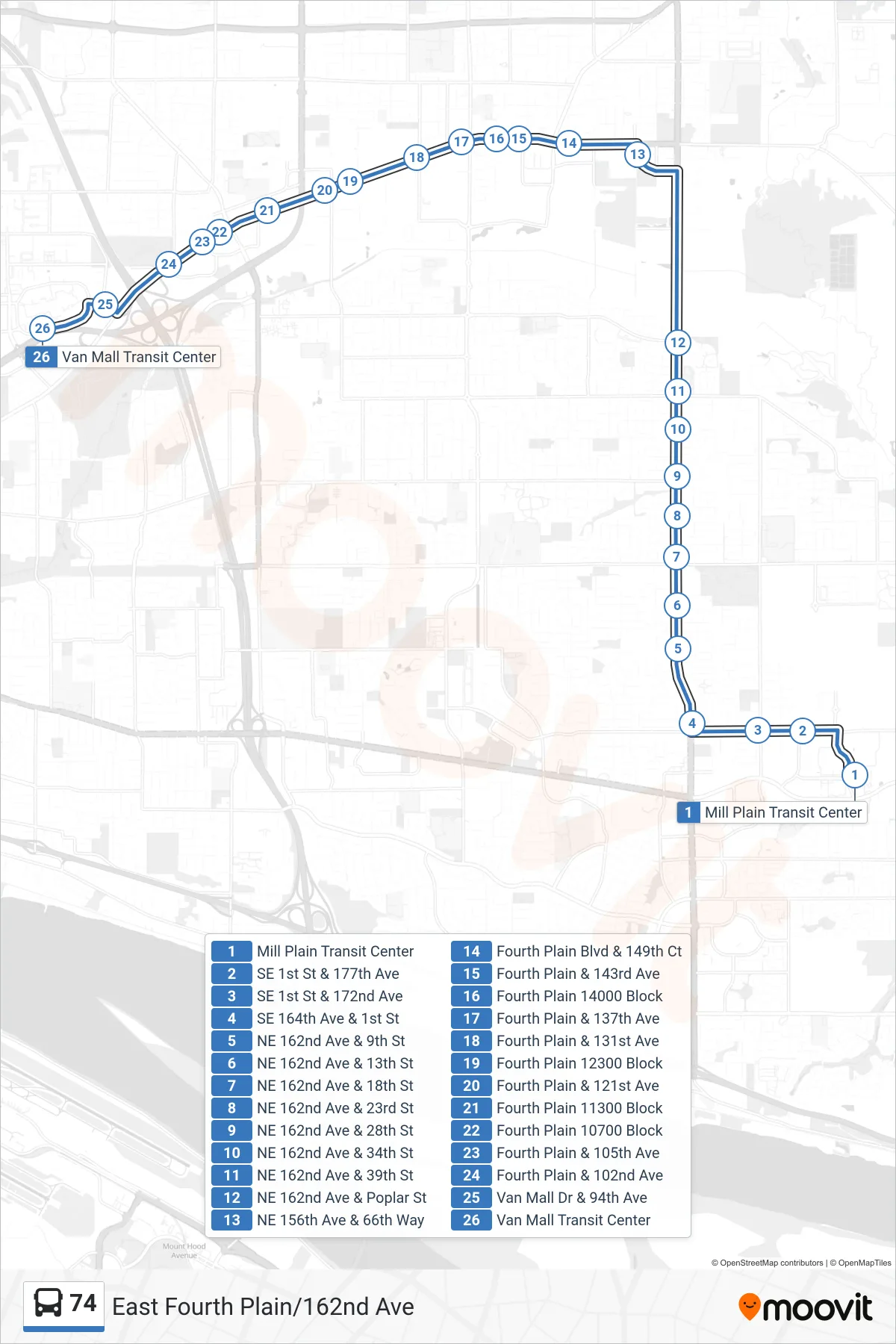 74 bus Line (Mill Plain Transit Center: Bay C‎→Van Mall Transit Center: Bay F) route and stops on a map