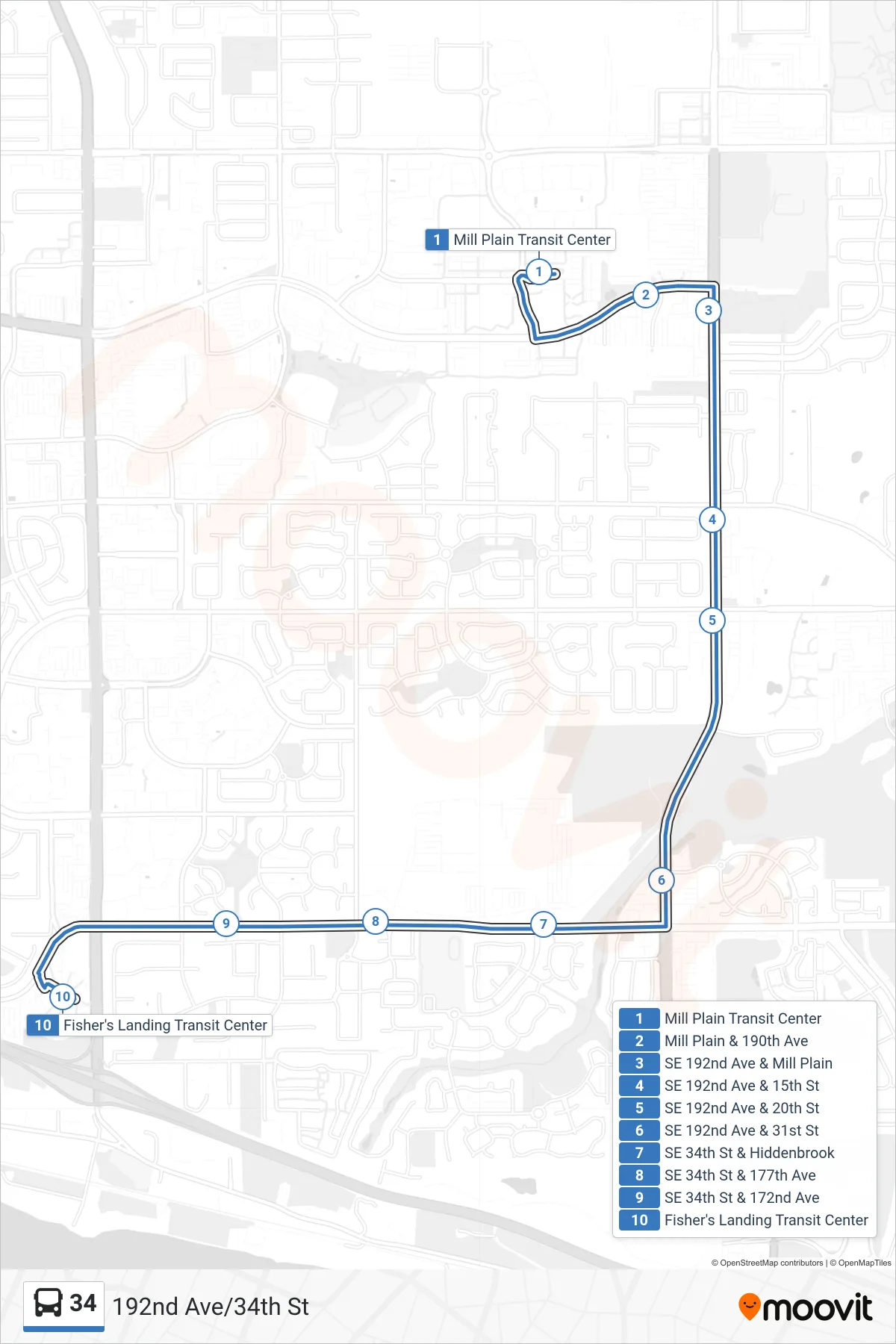 34 bus Line (Mill Plain Transit Center: Bay A‎→Fisher's Landing Transit Center: Bay B) route and stops on a map