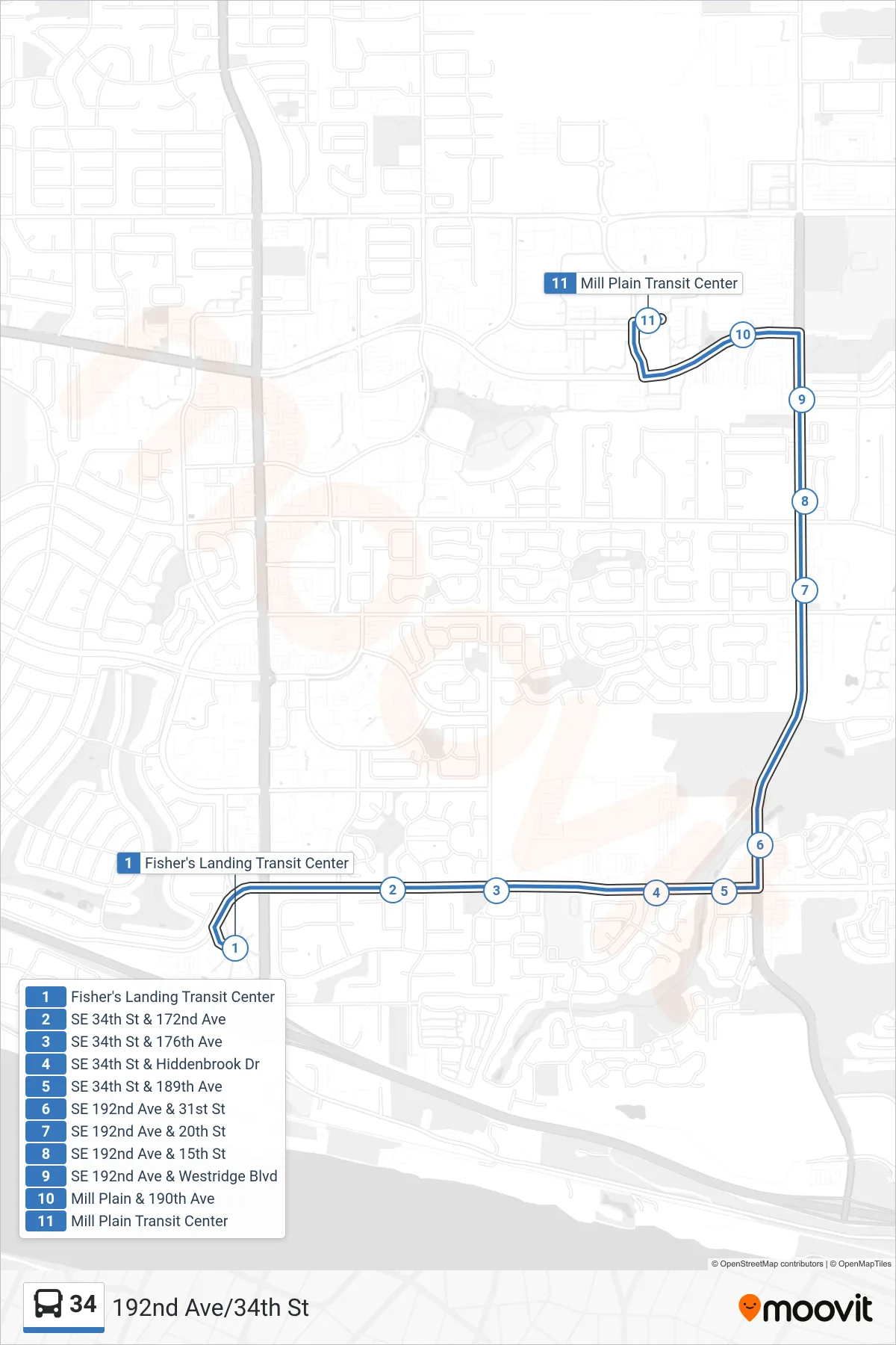 34 bus Line (Fisher's Landing Transit Center: Bay E→Mill Plain Transit Center: Bay A) route and stops on a map