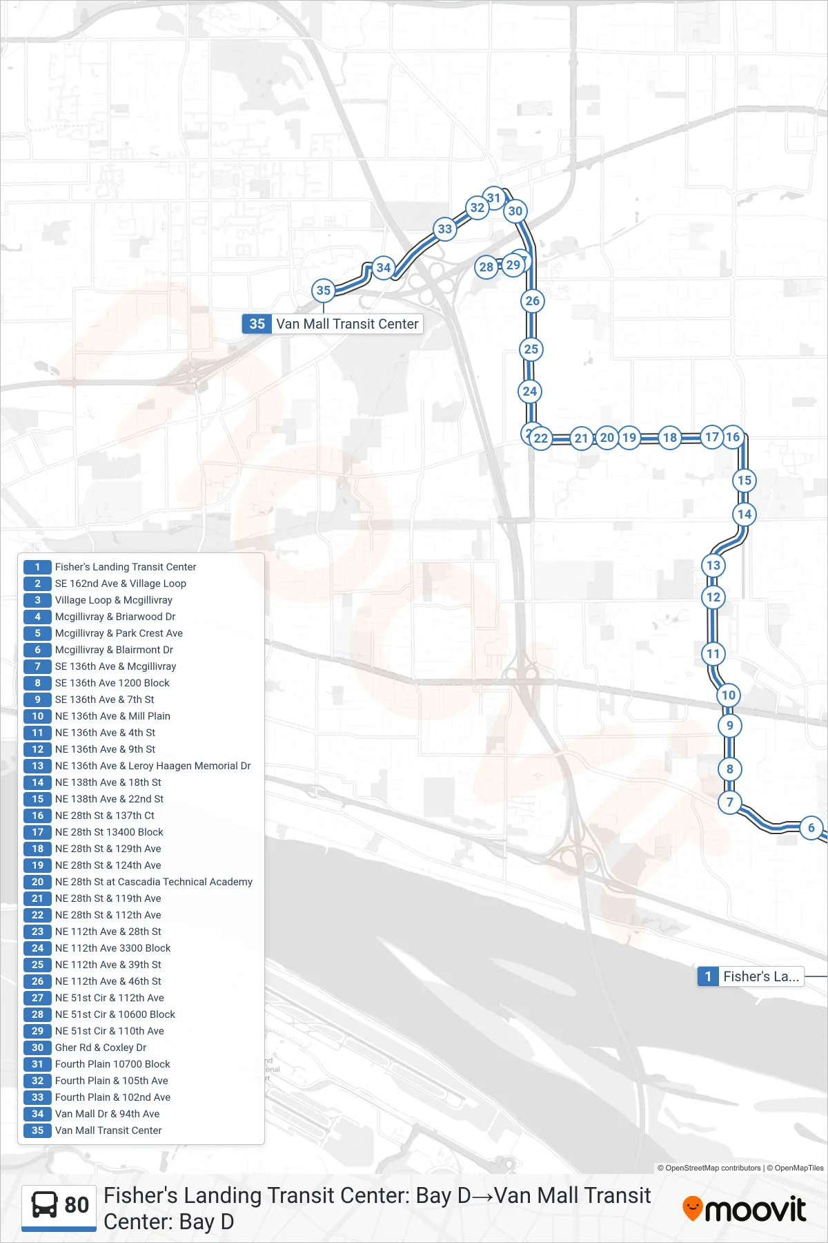 80 bus Line (Fisher's Landing Transit Center: Bay D→Van Mall Transit Center: Bay D) route and stops on a map