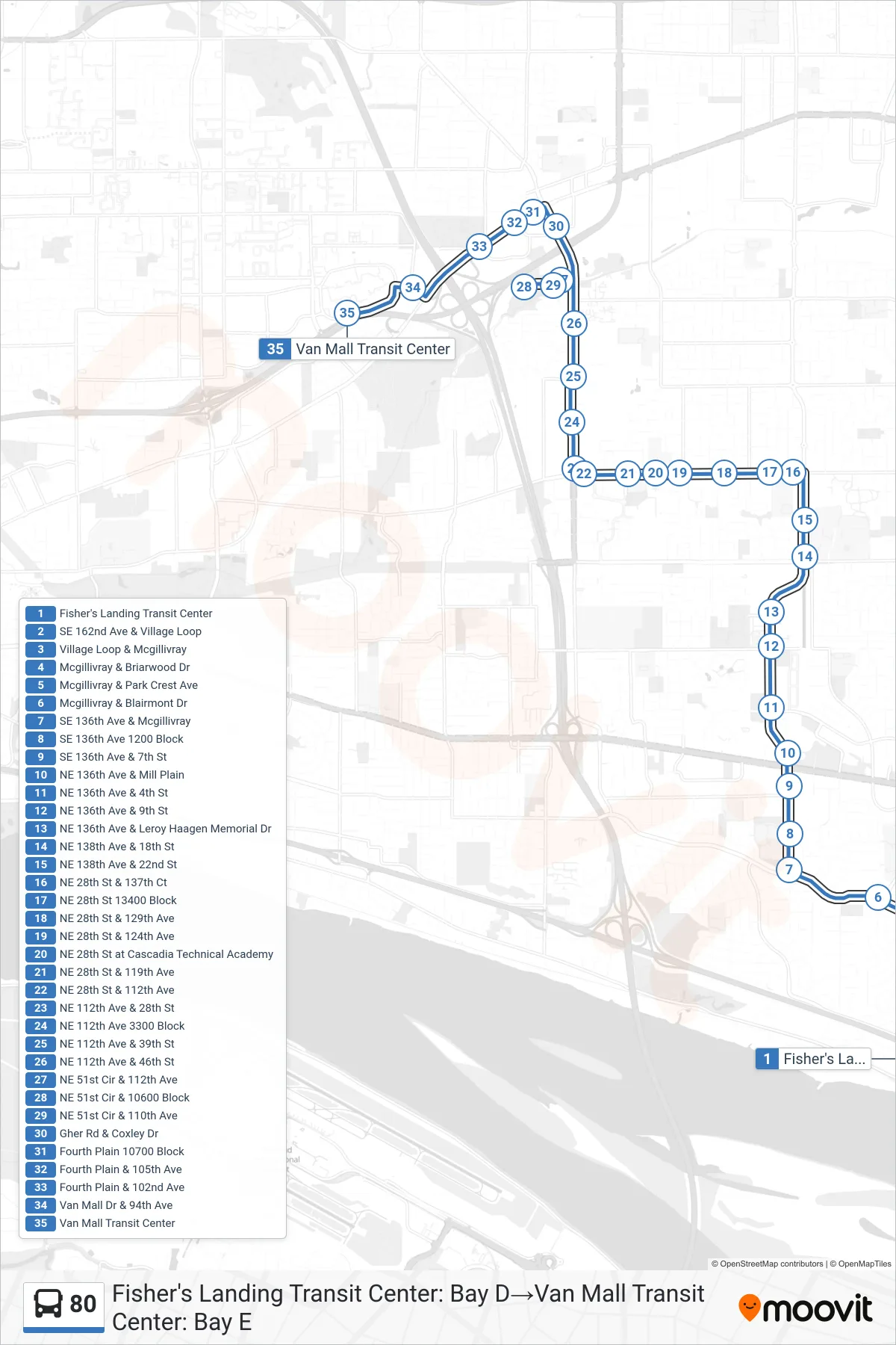 80 bus Line (Fisher's Landing Transit Center: Bay D→Van Mall Transit Center: Bay E) route and stops on a map