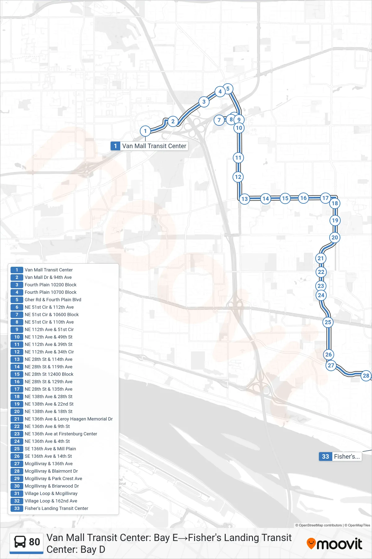 80 bus Line (Van Mall Transit Center: Bay E→Fisher's Landing Transit Center: Bay D) route and stops on a map