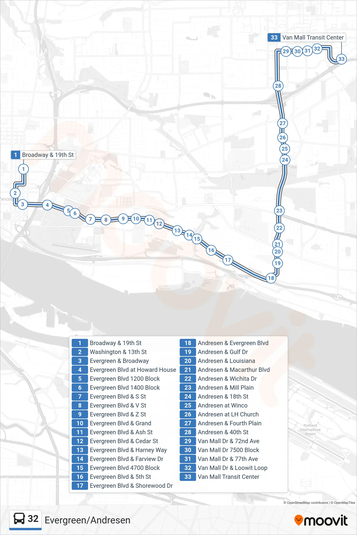 32 bus Line (Broadway & 19th St‎→Van Mall Transit Center: Bay D) route and stops on a map