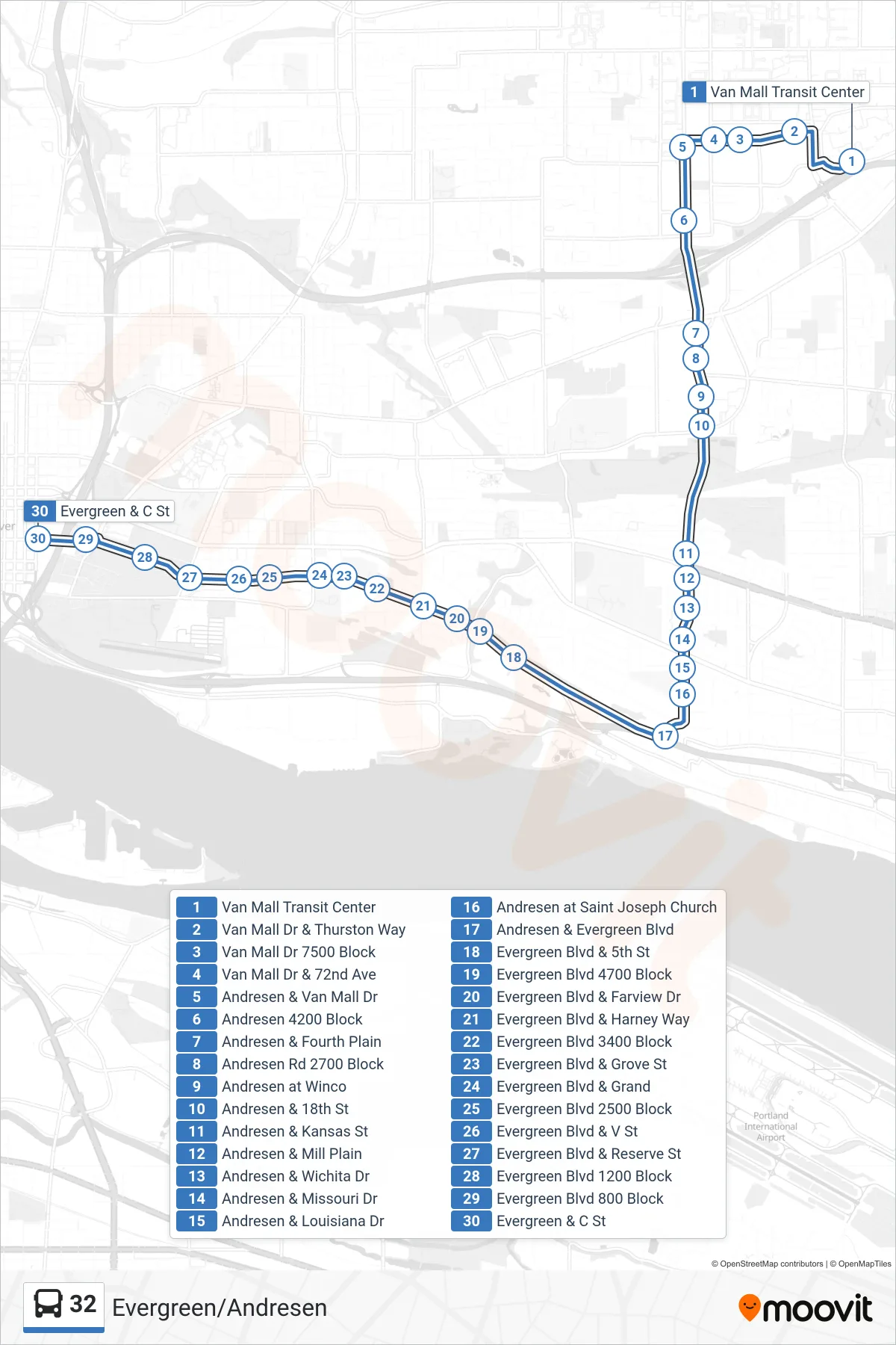 32 bus Line (Van Mall Transit Center: Bay D→Evergreen & C St) route and stops on a map