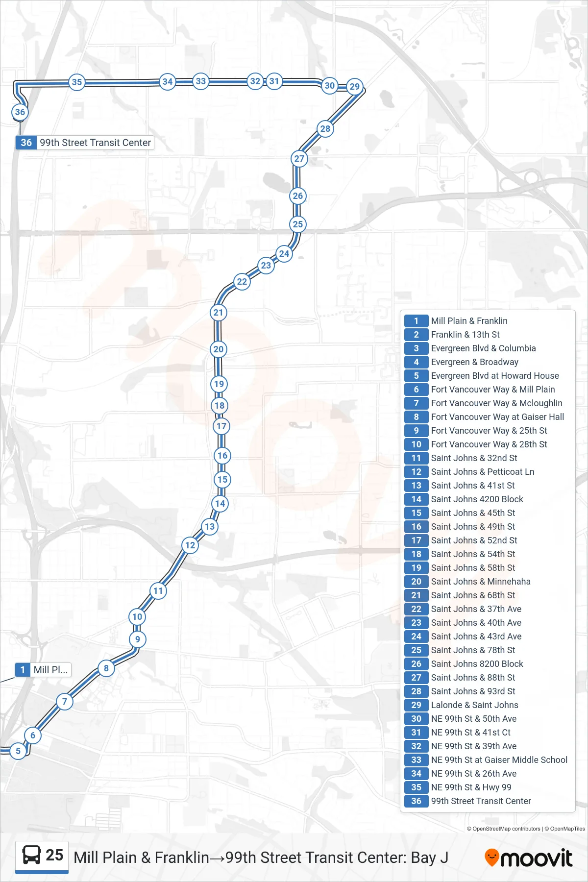 25 bus Line (Mill Plain & Franklin→99th Street Transit Center: Bay J) route and stops on a map