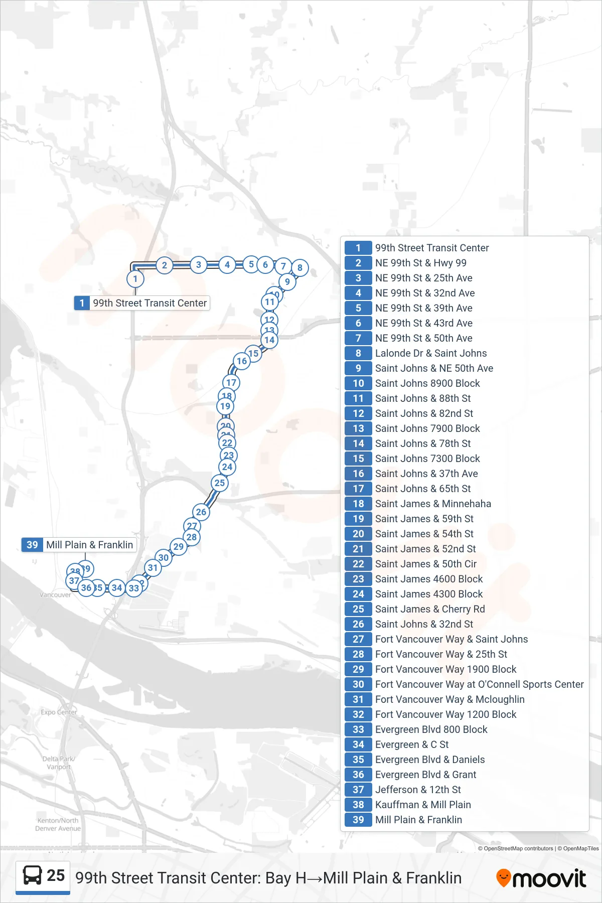25 bus Line (99th Street Transit Center: Bay H→Mill Plain & Franklin) route and stops on a map