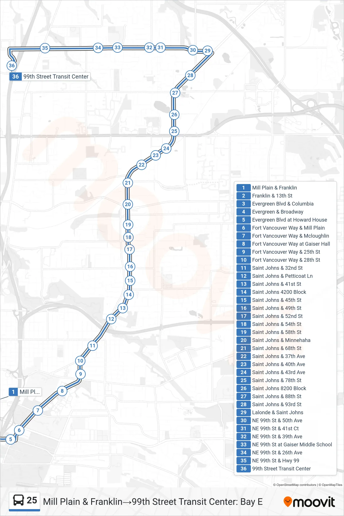 25 bus Line (Mill Plain & Franklin→99th Street Transit Center: Bay E) route and stops on a map