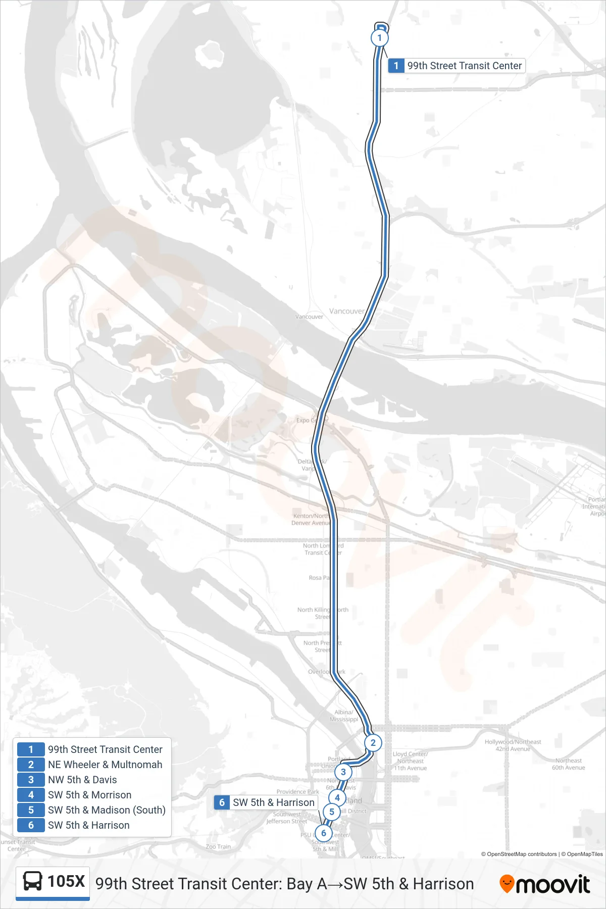 105X bus Line (99th Street Transit Center: Bay A→SW 5th & Harrison) route and stops on a map