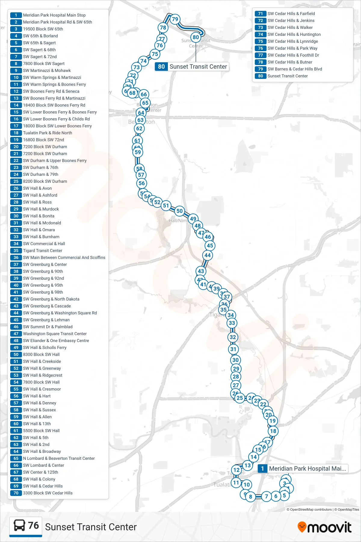 76 bus Line (Sunset Transit Center) route and stops on a map