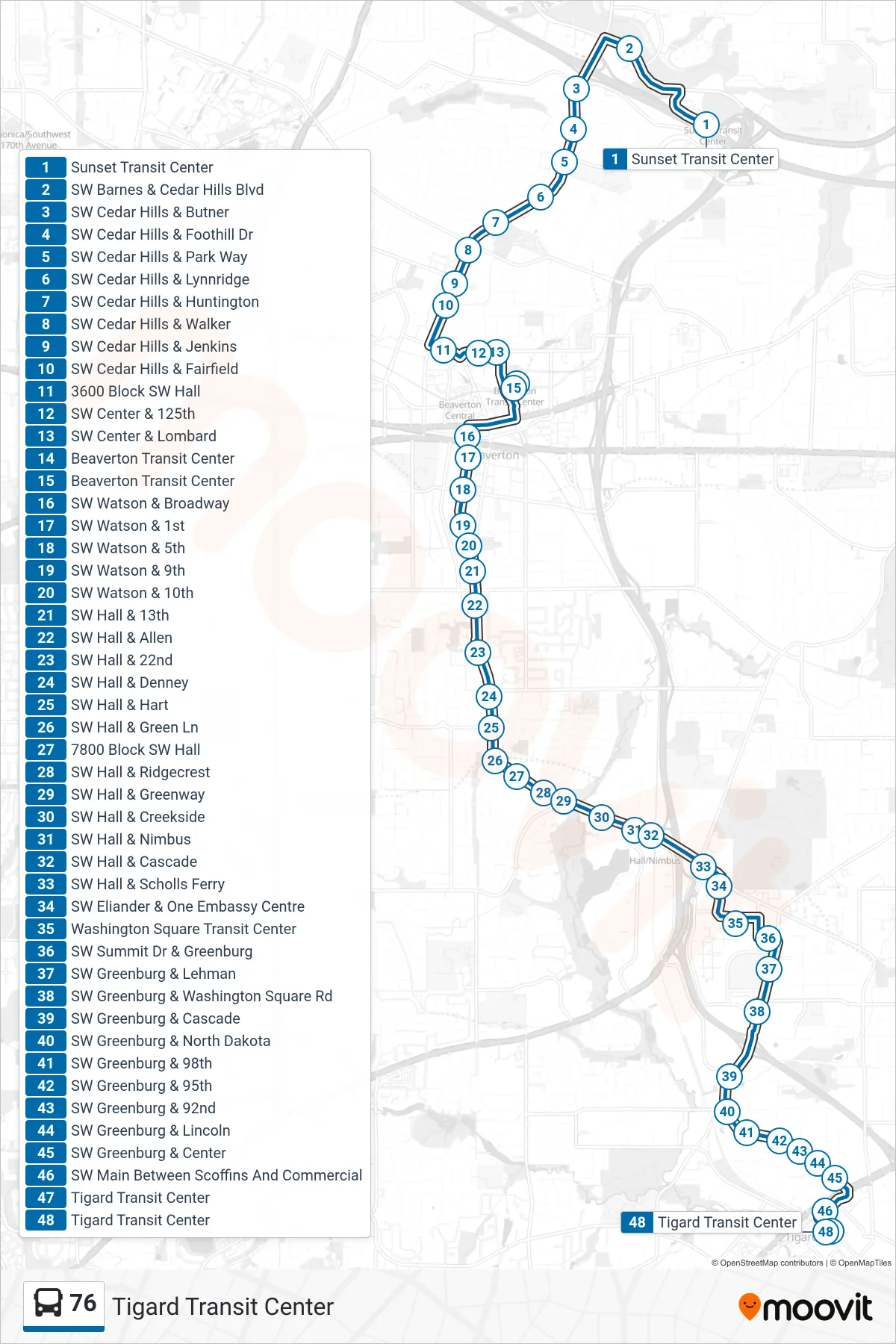 76 bus Line (Tigard Transit Center) route and stops on a map