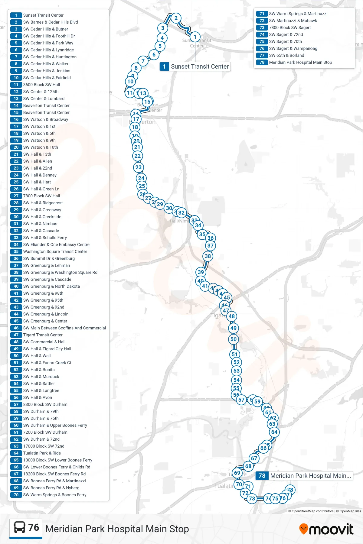 76 bus Line (Meridian Park Hospital Main Stop) route and stops on a map