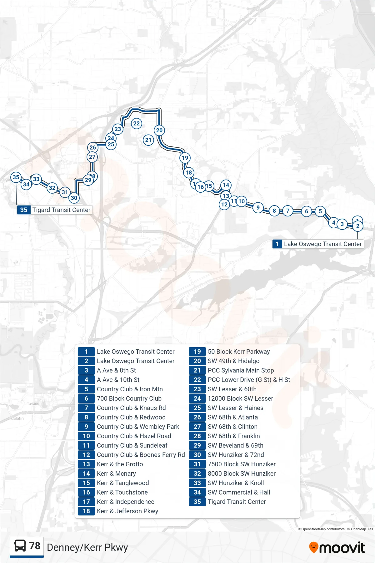 78 bus Line (Tigard Transit Center) route and stops on a map