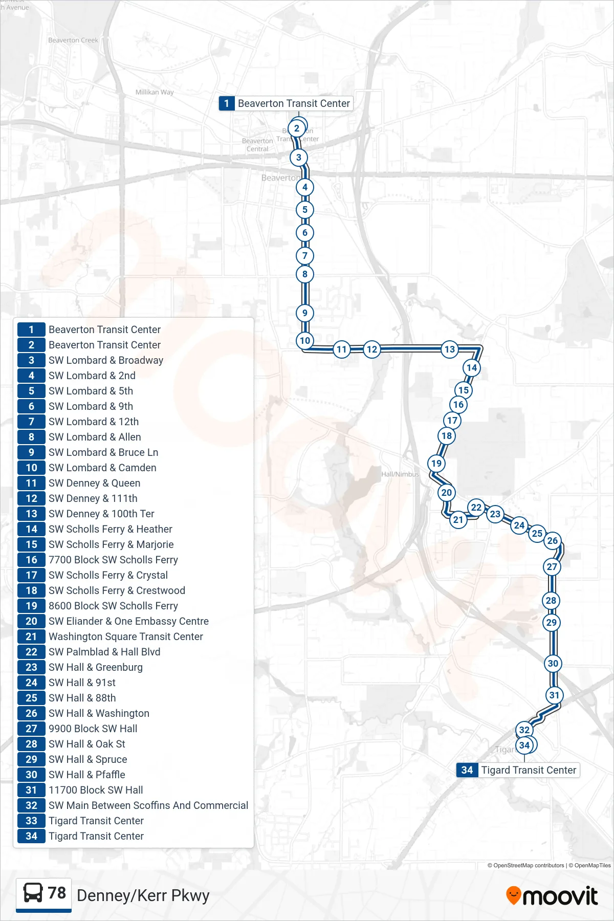 78 bus Line (Tigard Transit Center) route and stops on a map