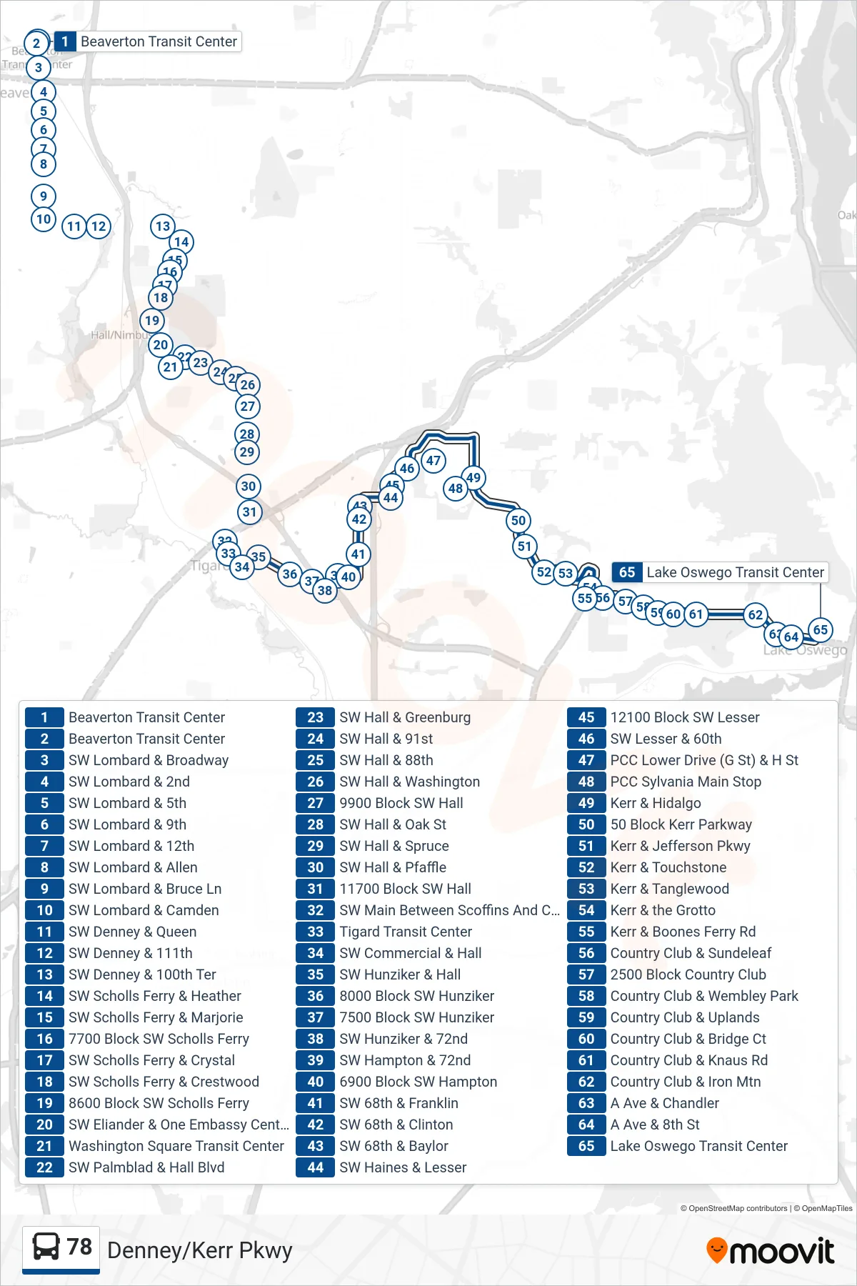 78 bus Line (Lake Oswego Transit Center) route and stops on a map