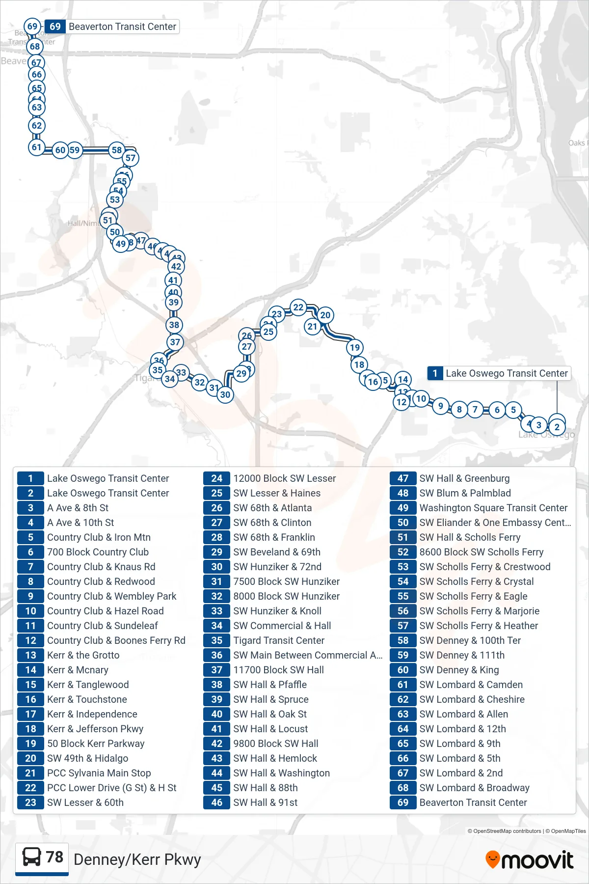 78 bus Line (Beaverton Transit Center) route and stops on a map