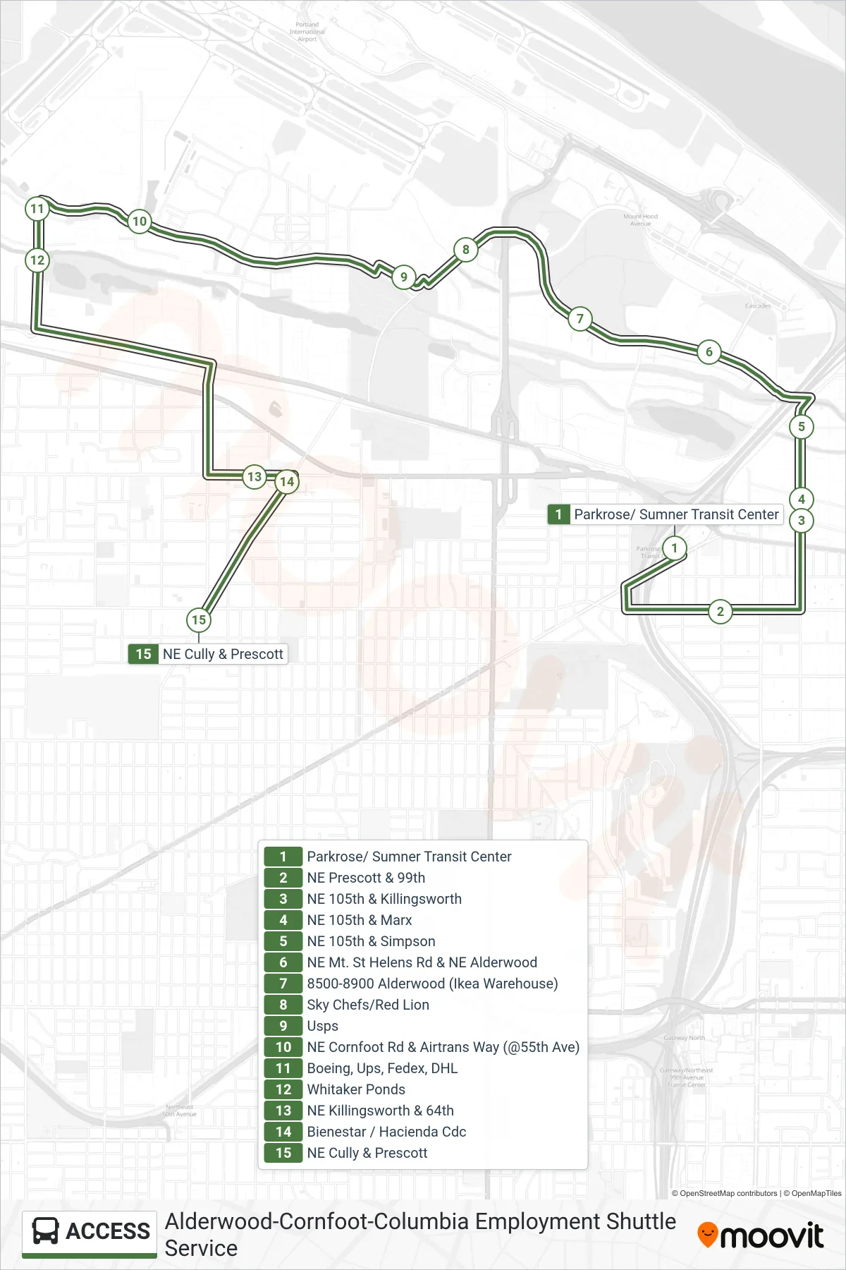 ACCESS bus Line (Parkrose/ Sumner Transit Center→NE Cully & Prescott) route and stops on a map