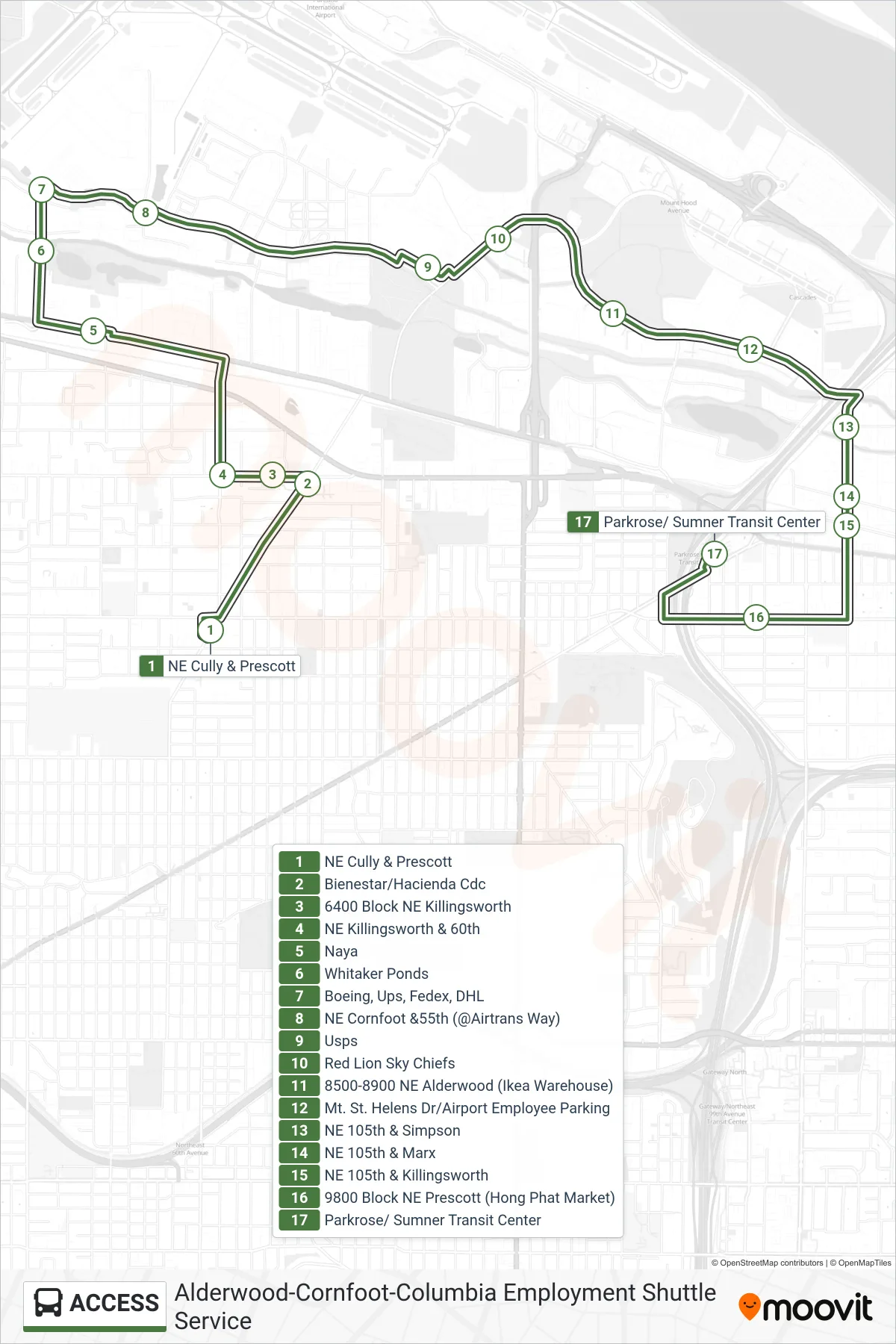 ACCESS bus Line (NE Cully & Prescott→Parkrose/ Sumner Transit Center) route and stops on a map