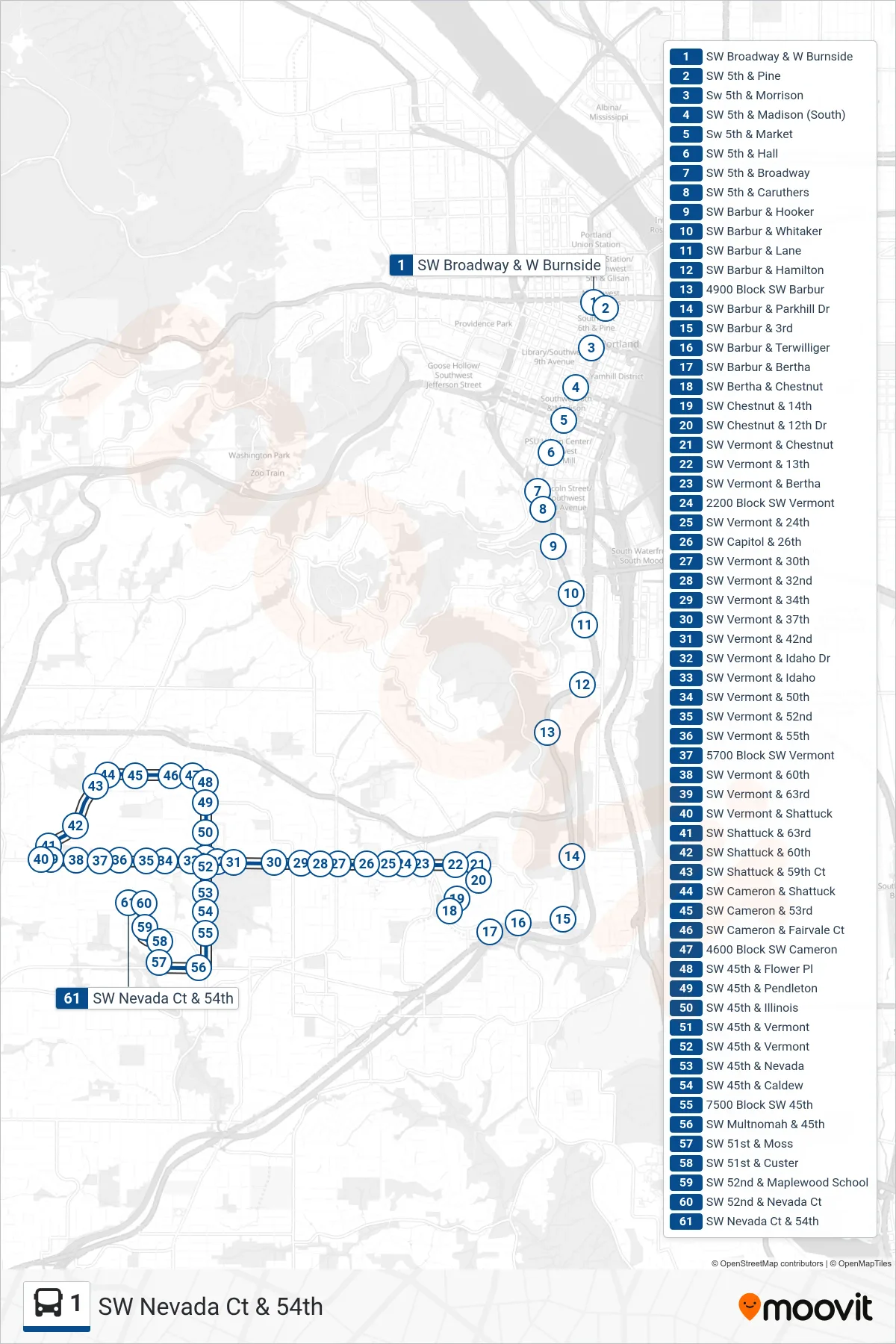 1 bus Line (SW Nevada Ct & 54th) route and stops on a map