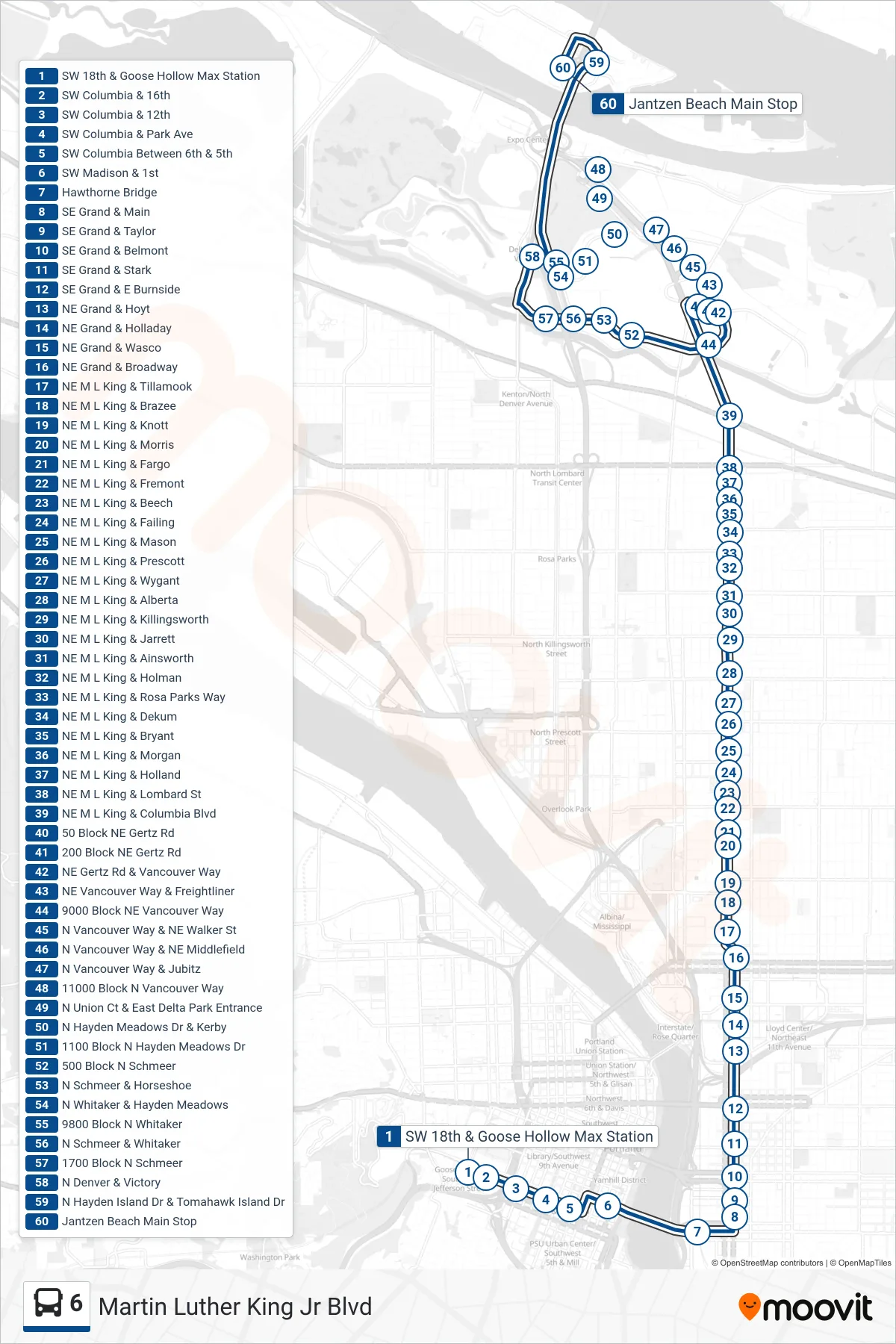 6 bus Line (Jantzen Beach Main Stop) route and stops on a map