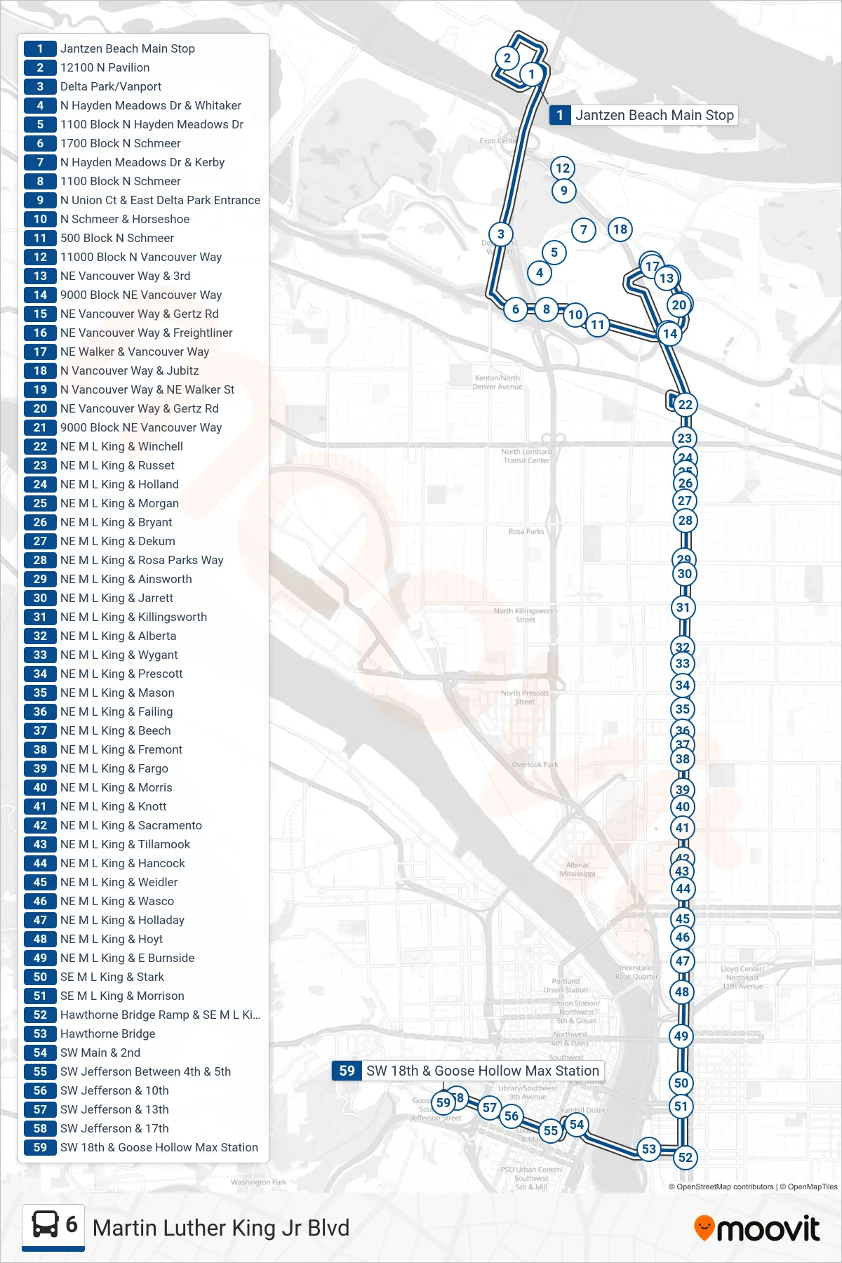 6 bus Line (SW 18th & Goose Hollow Max Station) route and stops on a map