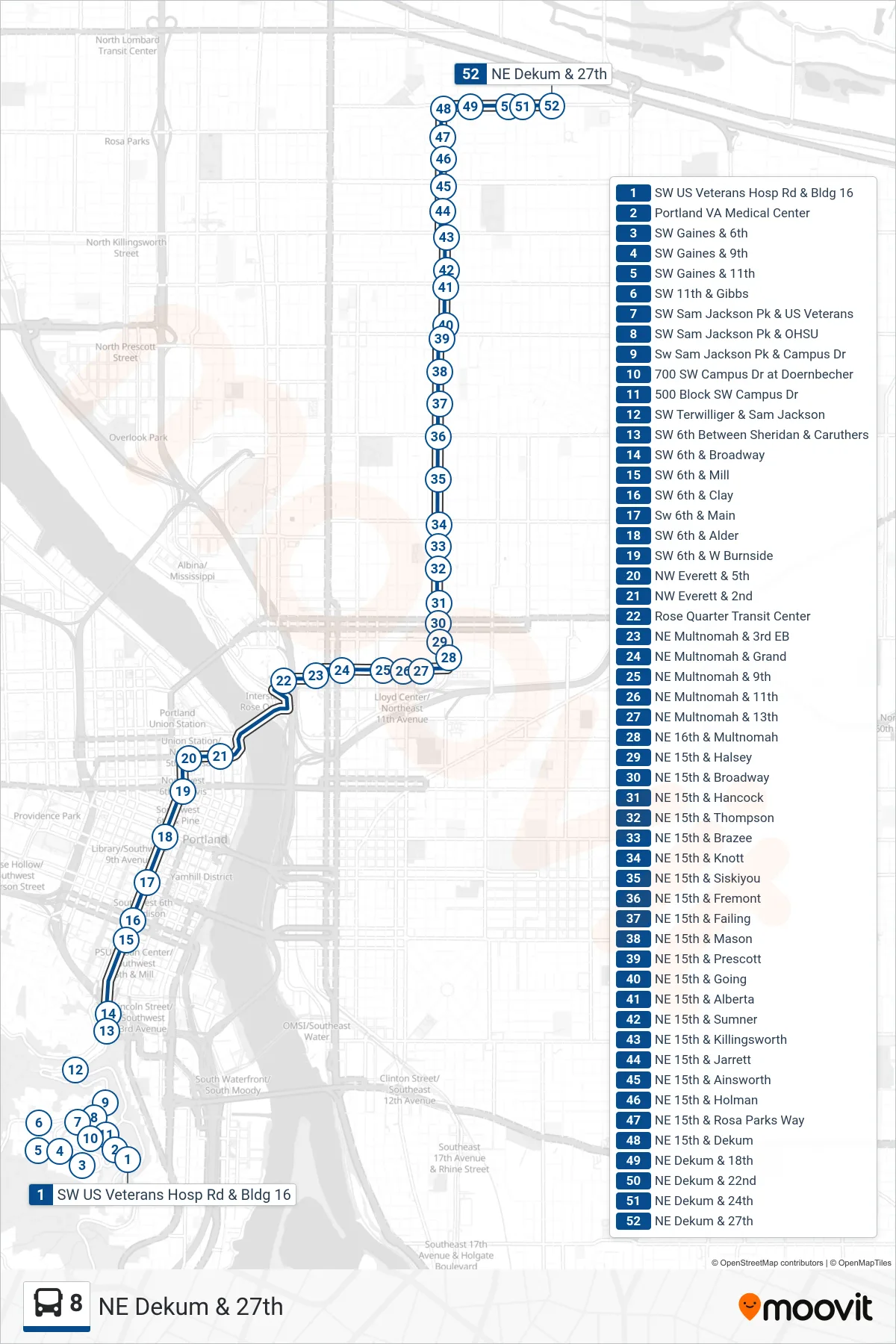 8 bus Line (NE Dekum & 27th) route and stops on a map