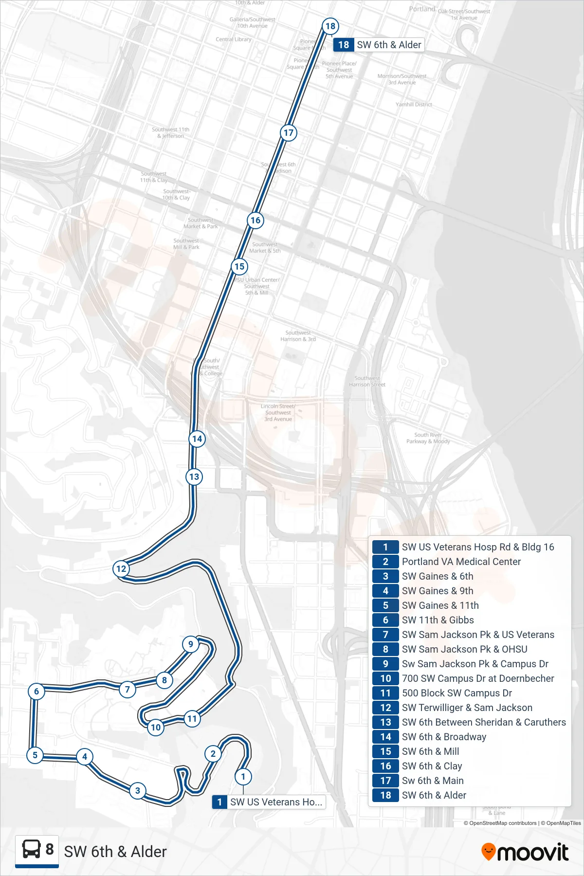 8 bus Line (SW 6th & Alder) route and stops on a map