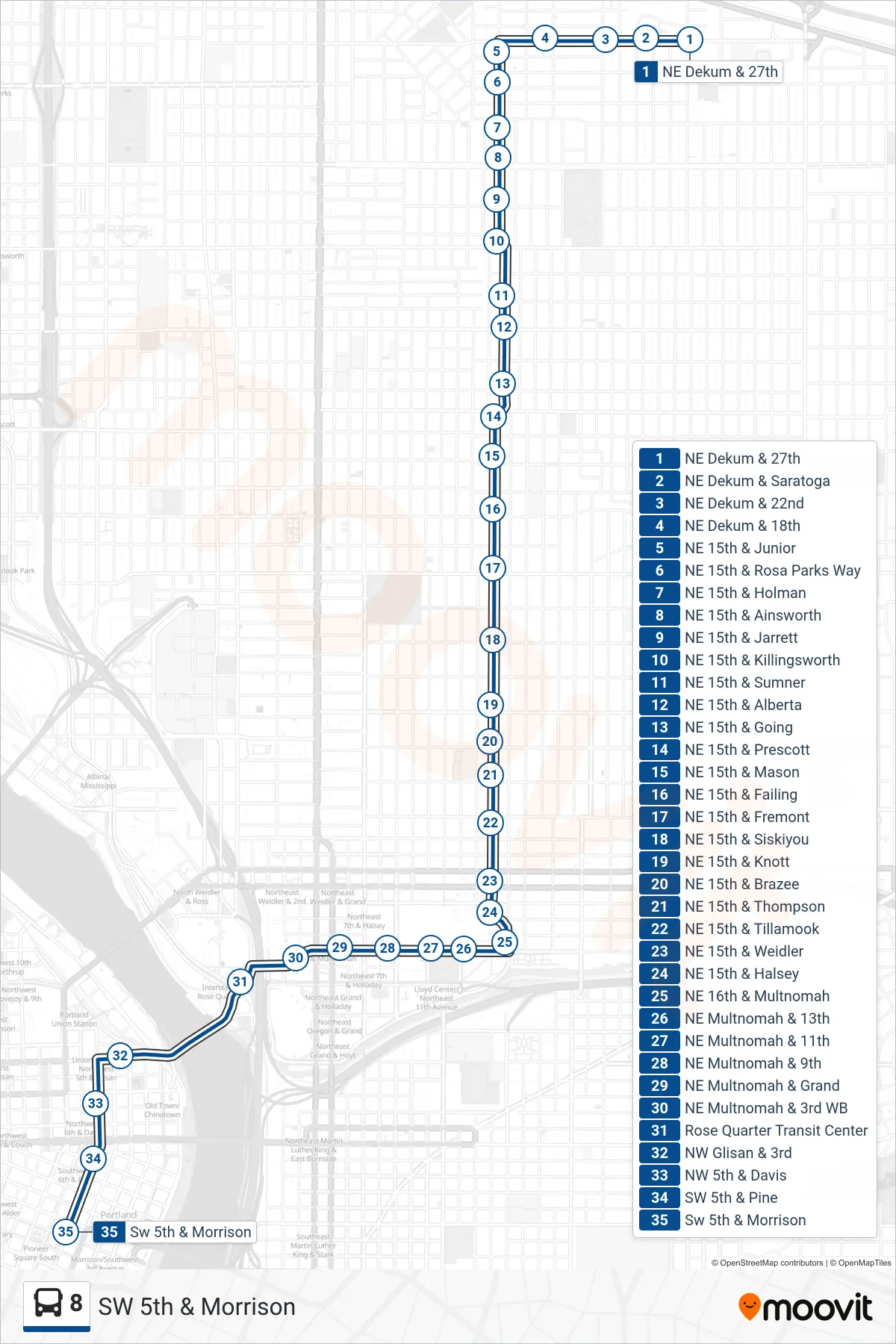 8 bus Line (SW 5th & Morrison) route and stops on a map