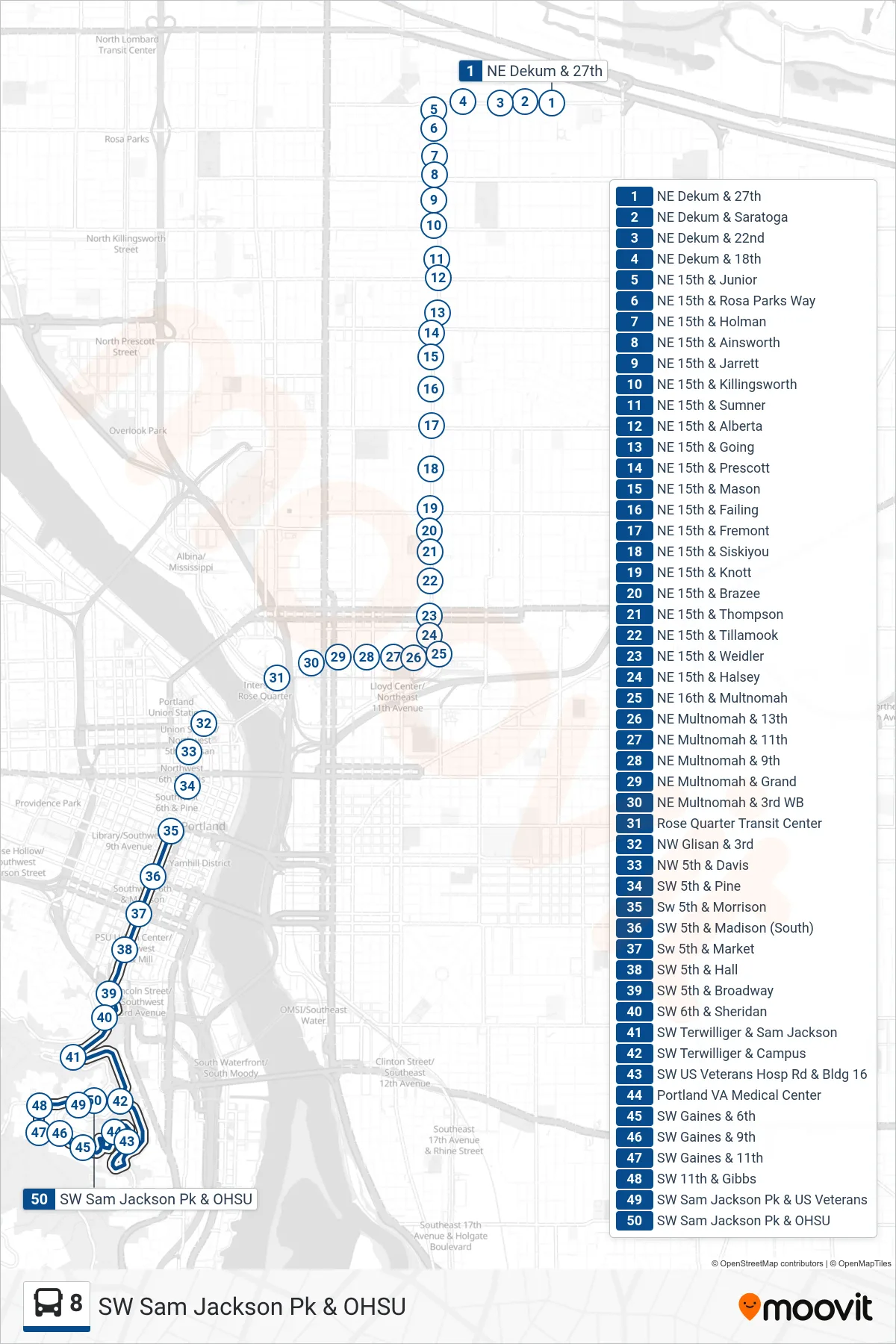 8 bus Line (SW Sam Jackson Pk & OHSU) route and stops on a map