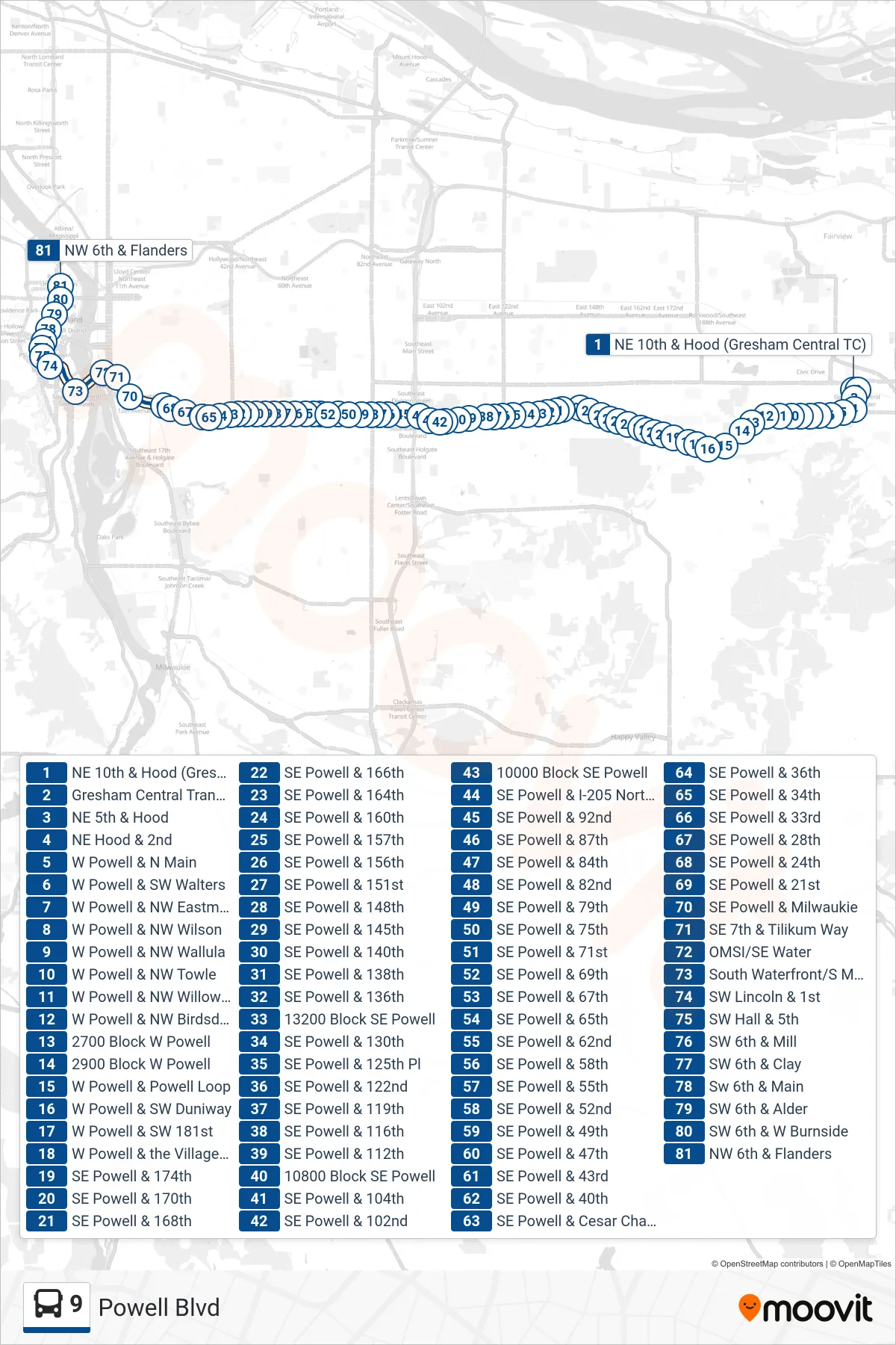 9 bus Line (NW 6th & Flanders) route and stops on a map