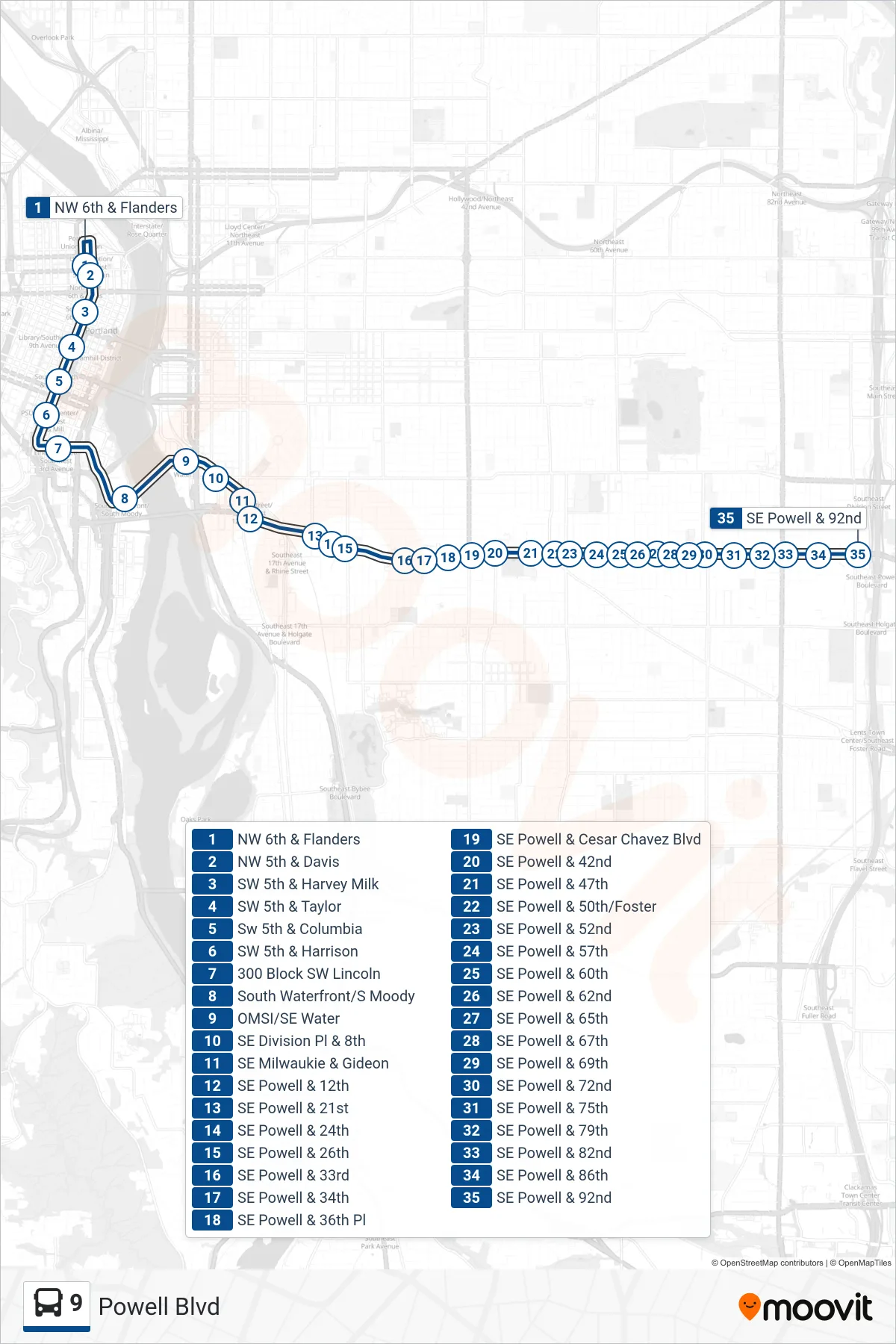 9 bus Line (SE Powell & 92nd) route and stops on a map