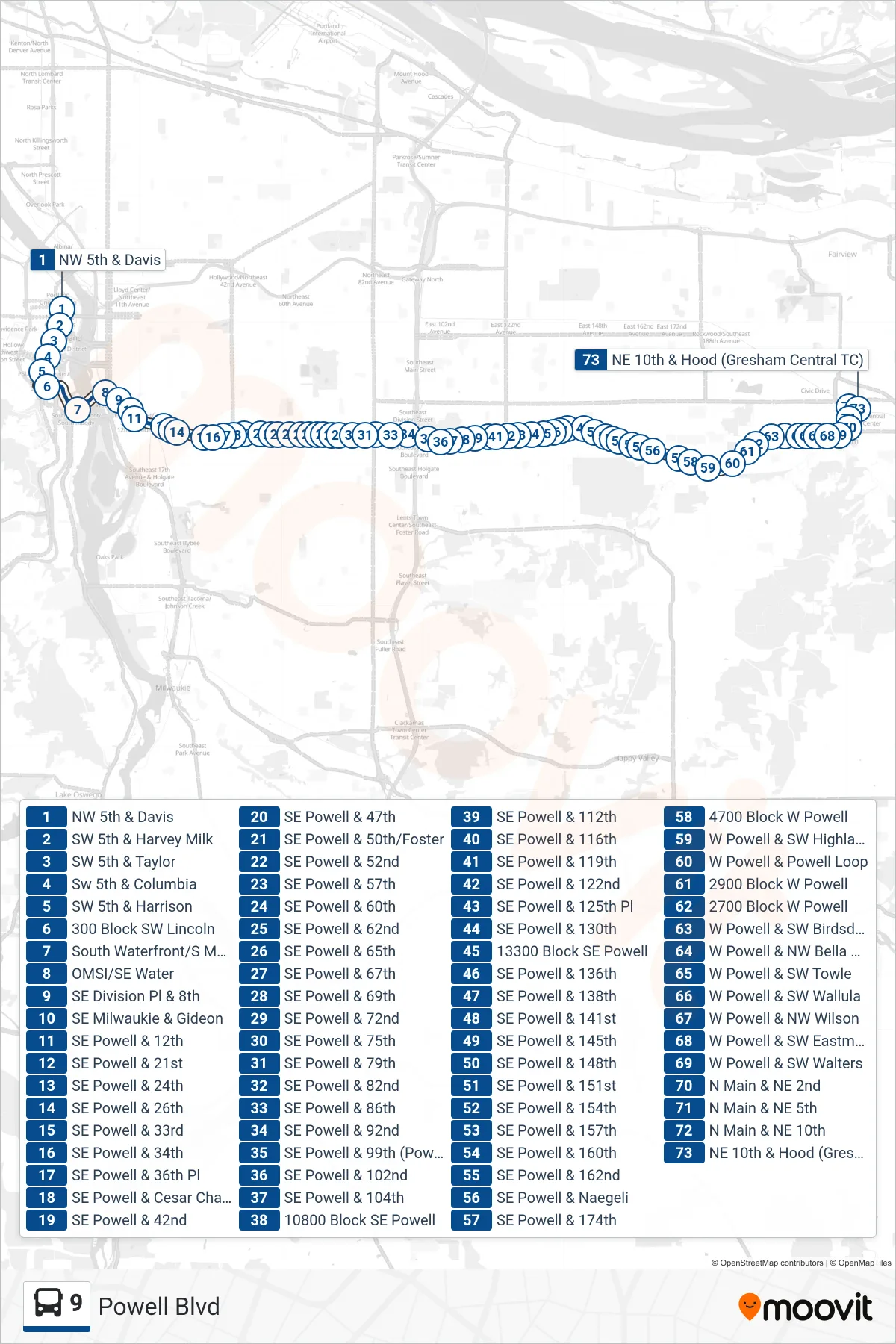 9 bus Line (NE 10th & Hood (Gresham Central TC)) route and stops on a map