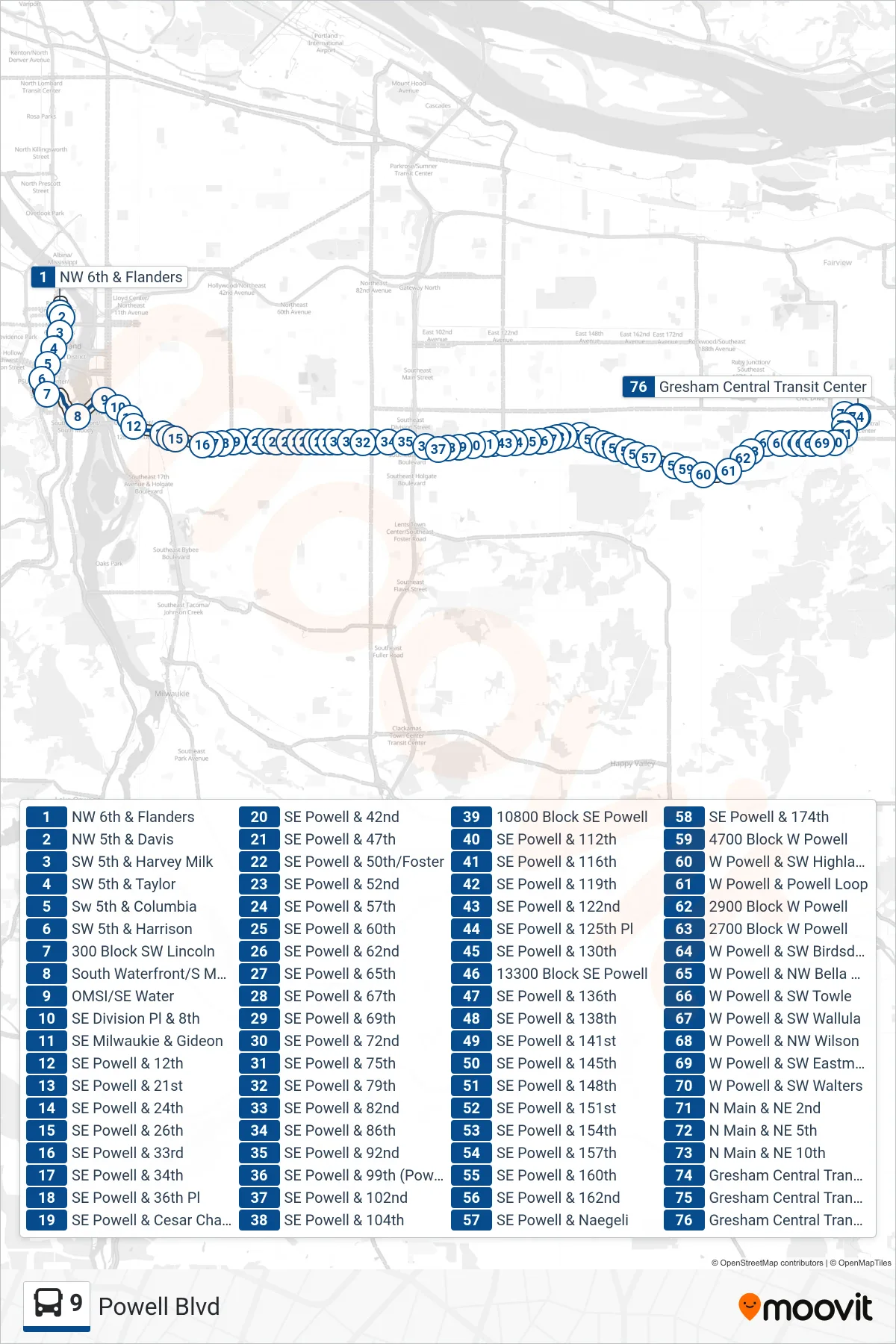 9 bus Line (Gresham Central Transit Center) route and stops on a map