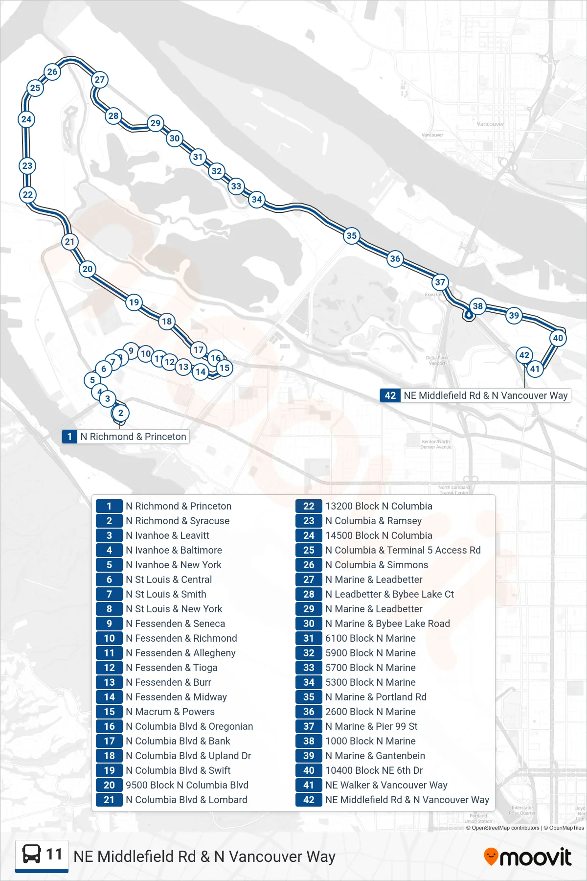 11 bus Line (NE Middlefield Rd & N Vancouver Way) route and stops on a map