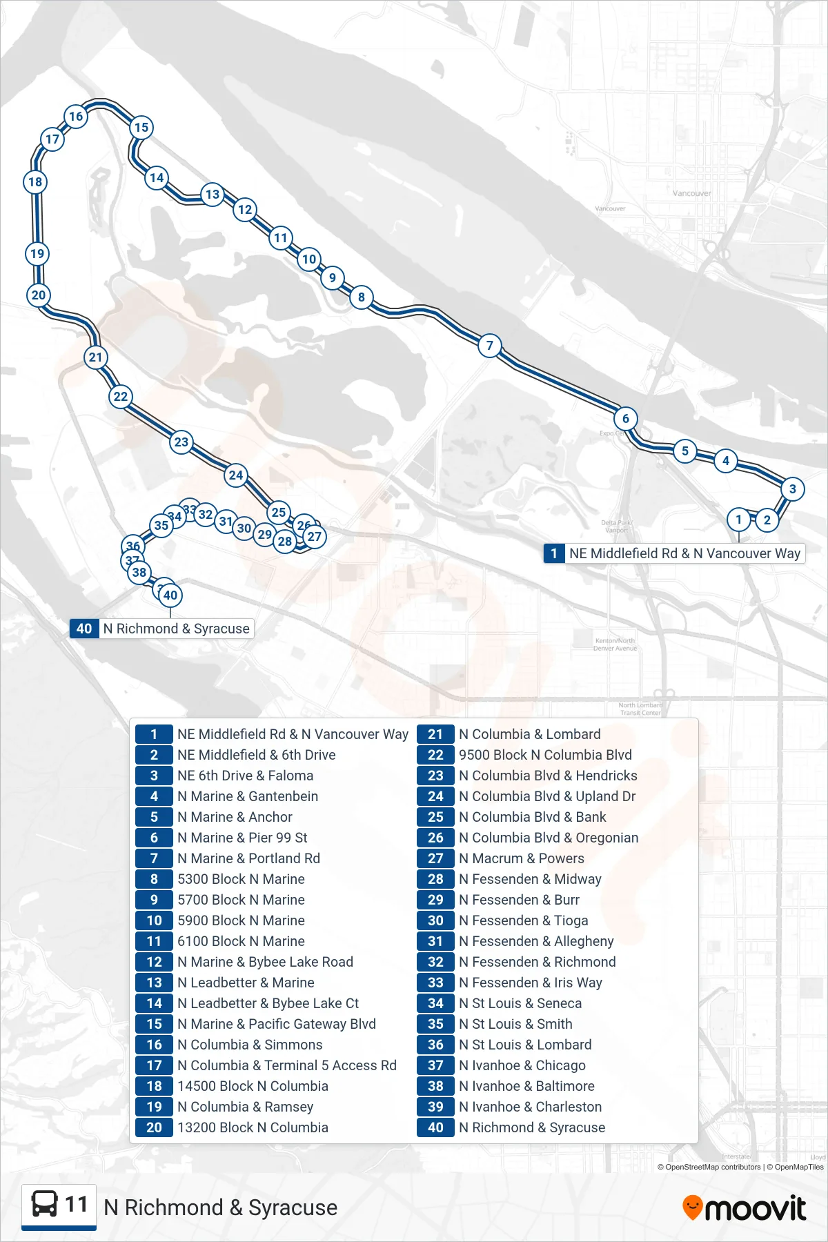 11 bus Line (N Richmond & Syracuse) route and stops on a map