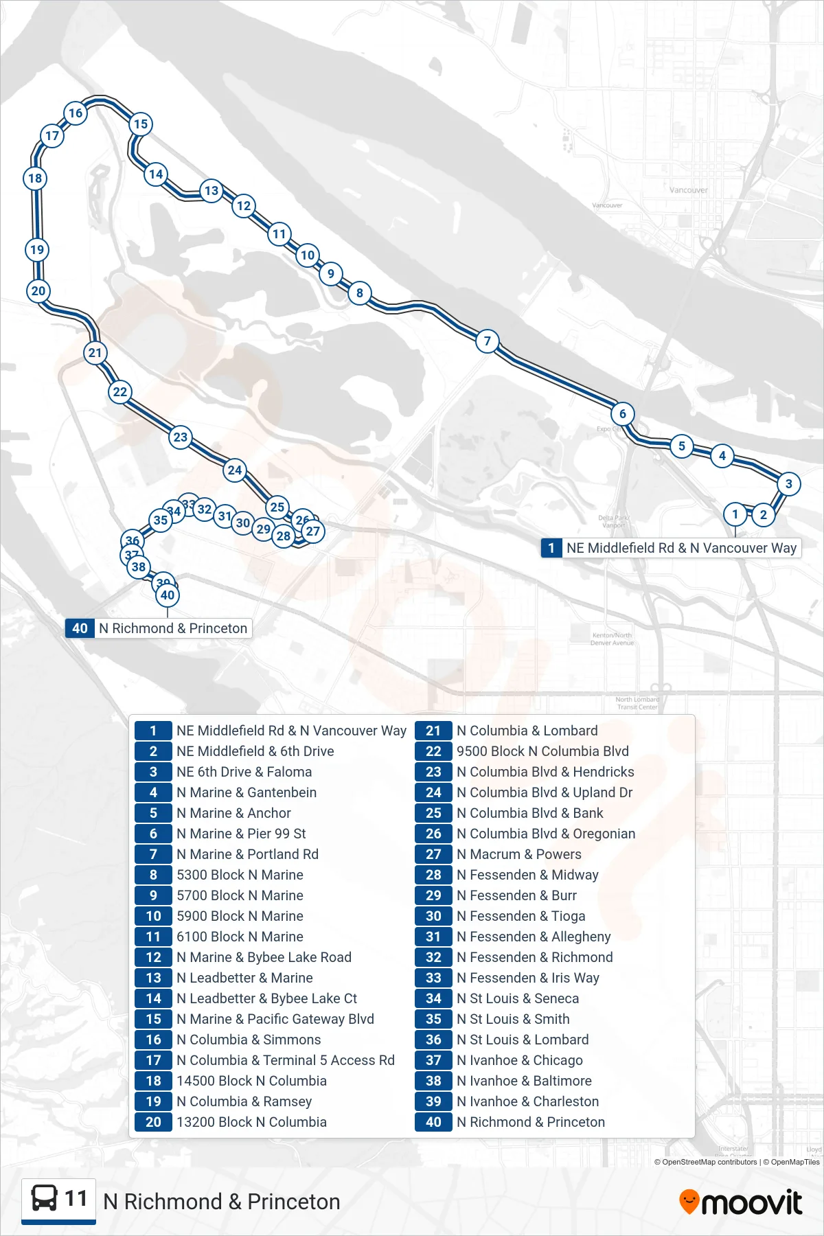 11 bus Line (N Richmond & Princeton) route and stops on a map