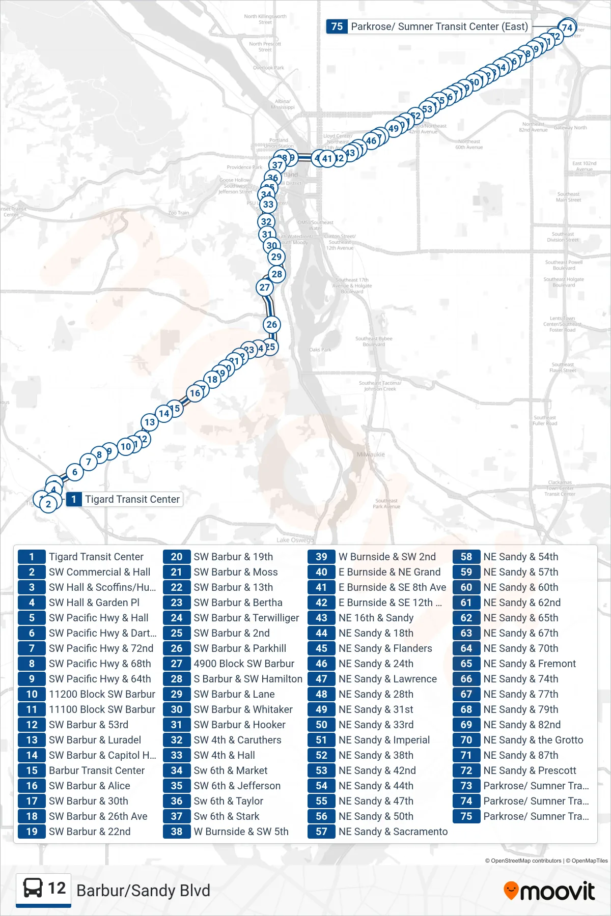 12 bus Line (Parkrose/ Sumner Transit Center) route and stops on a map