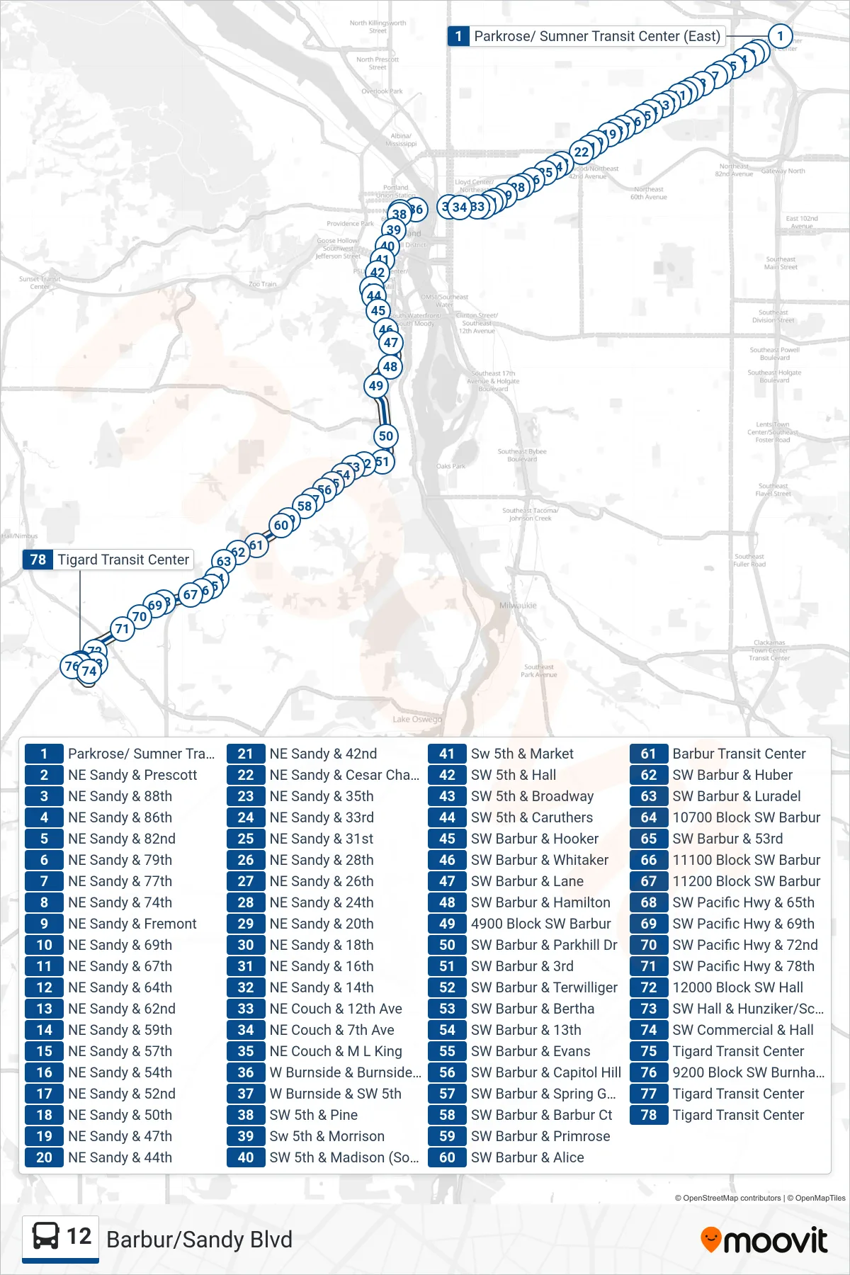 12 bus Line (Tigard Transit Center) route and stops on a map