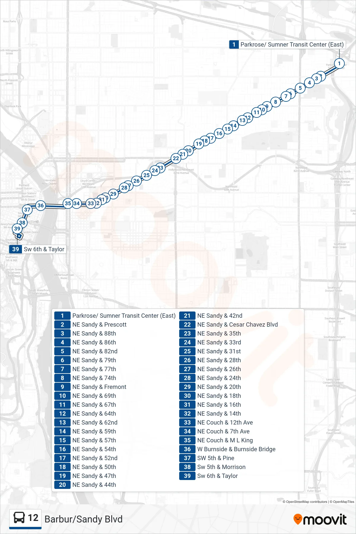 12 bus Line (SW 6th & Taylor) route and stops on a map