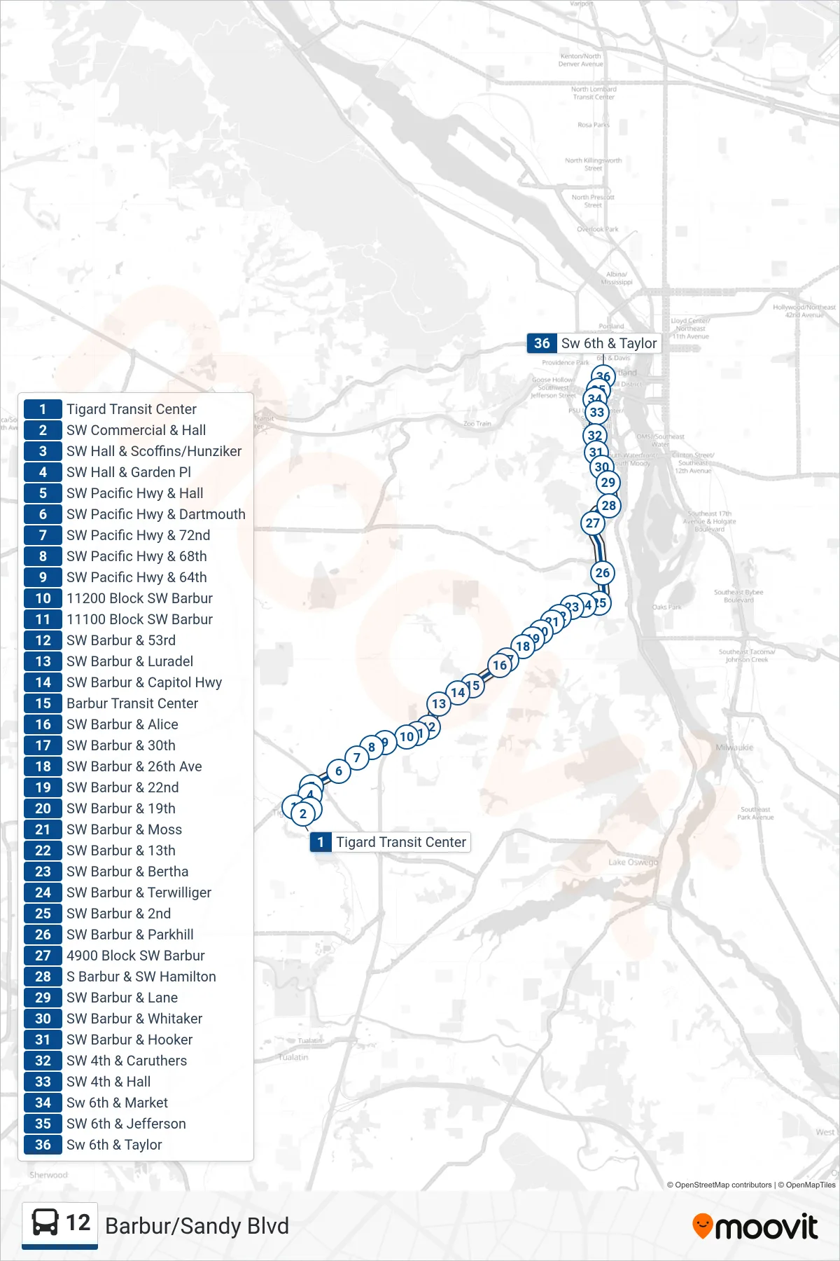 12 bus Line (SW 6th & Taylor) route and stops on a map