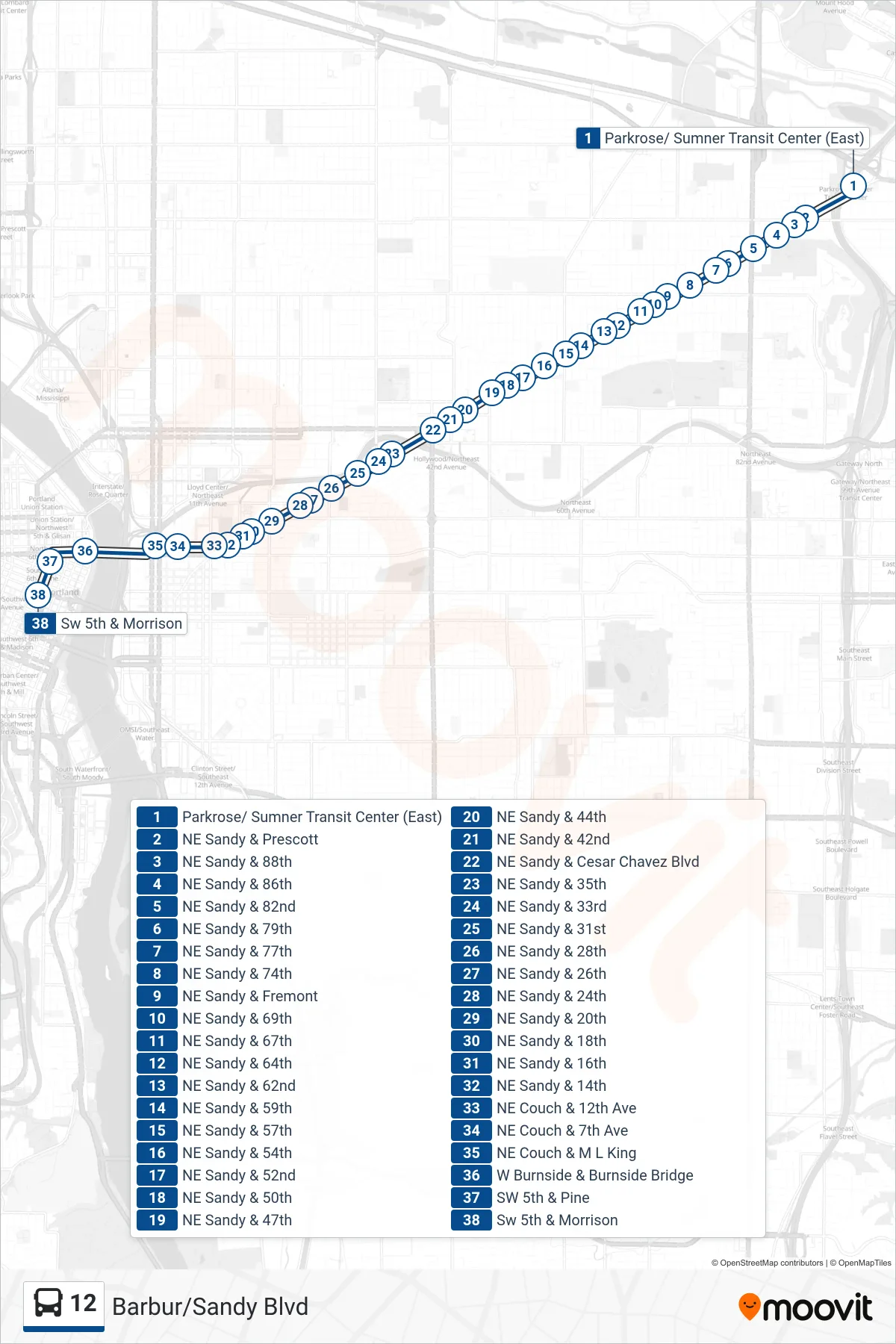 12 bus Line (SW 5th & Morrison) route and stops on a map