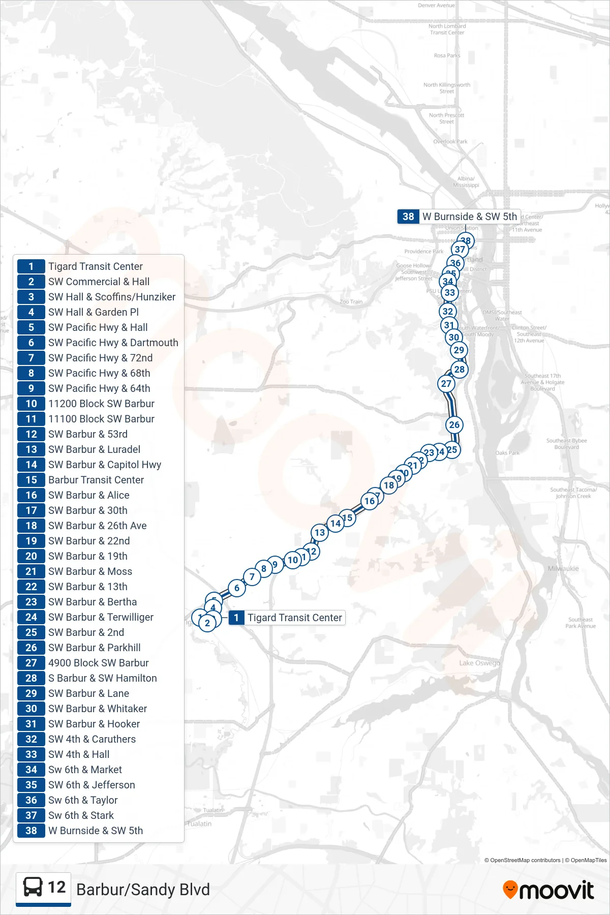 12 bus Line (W Burnside & SW 5th) route and stops on a map