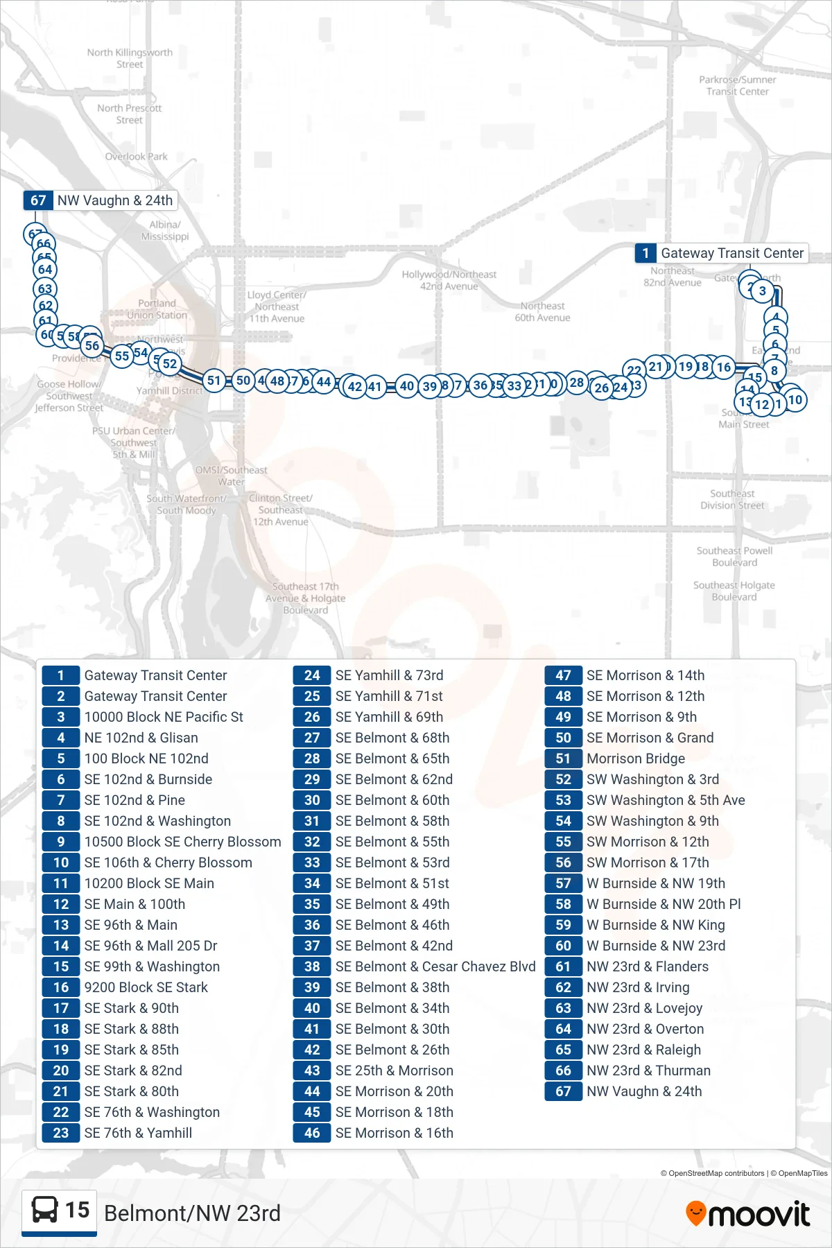 15 bus Line (NW Vaughn & 24th) route and stops on a map